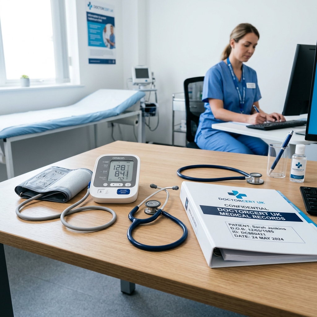 A photo-realistic clinical healthcare setting with a modern blood pressure monitor on a clean desk beside a stethoscope and a patient medical folder - DoctorCert UK
