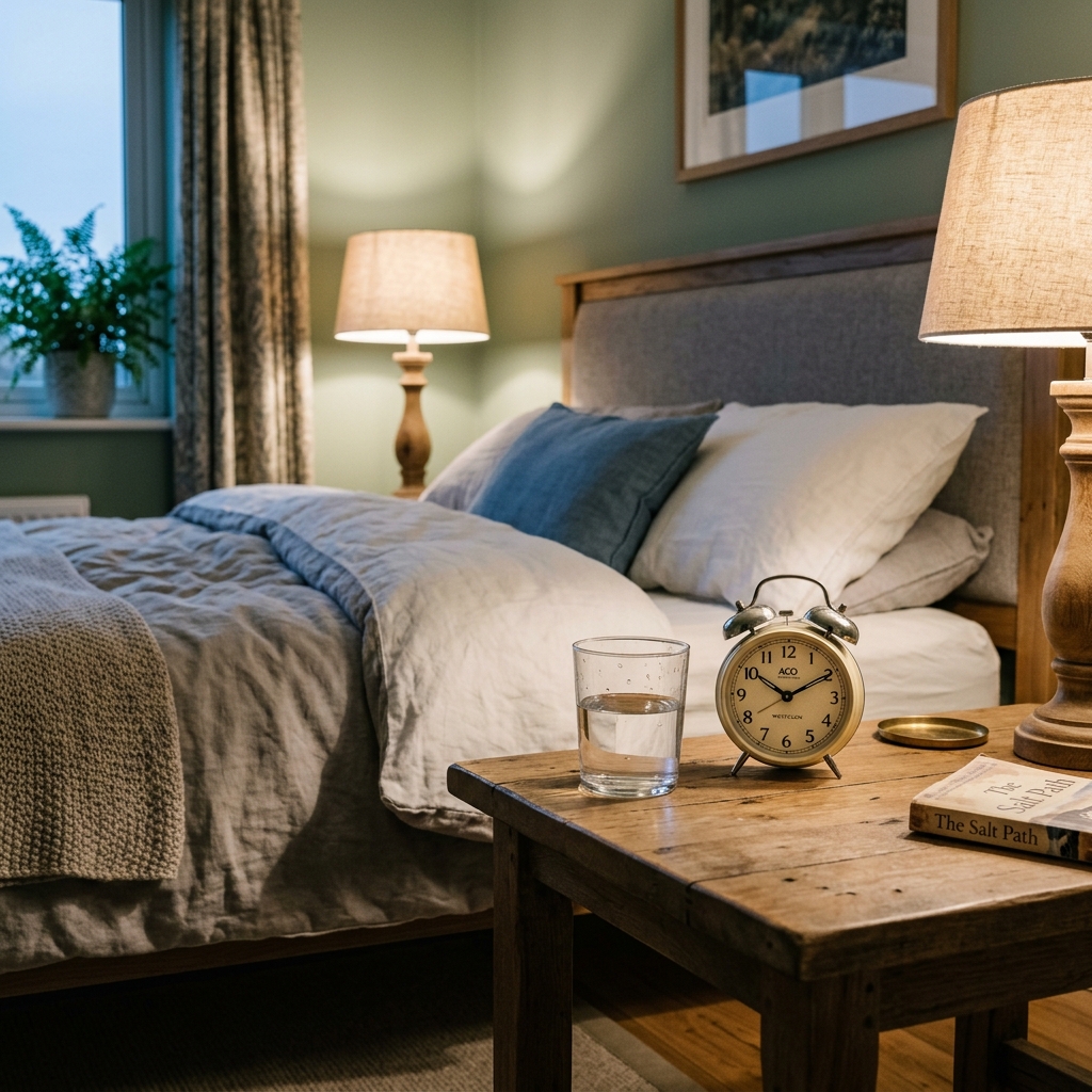 A photo-realistic bedroom setting showing a bedside table under soft evening ambient light, a glass of water, a small analog alarm clock, and a comfortable bed in the background - DoctorCert UK