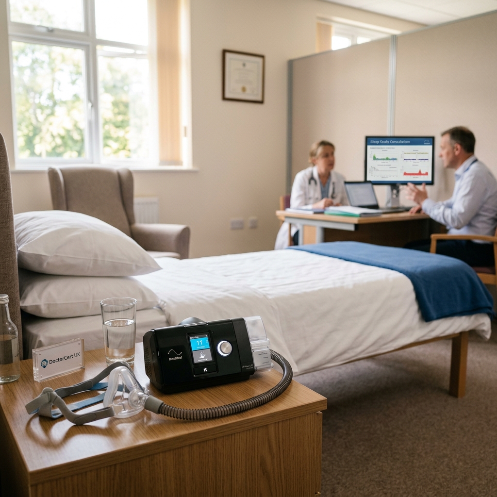 A photo-realistic clinical sleep study consultation setting showing a bedside table with a CPAP machine under warm natural morning lighting - DoctorCert UK