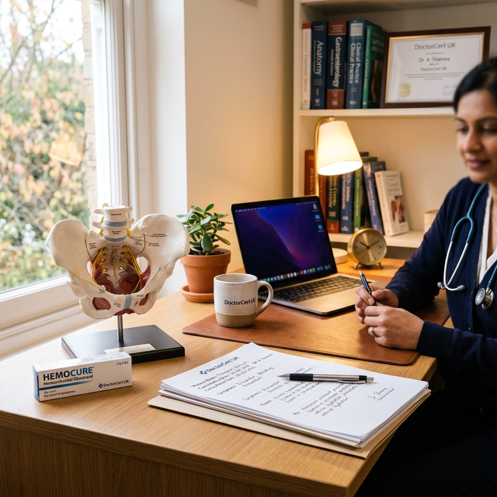 A photo-realistic clinical consulting desk showing a pelvic model, hemorrhoidal ointment box, and medical files under soft ambient lighting - DoctorCert UK