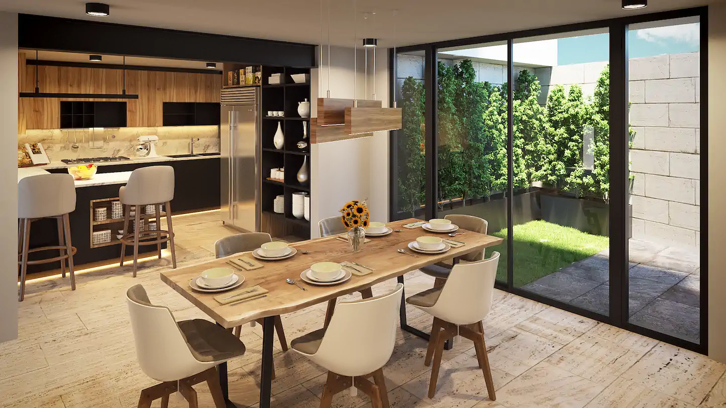Casa Mendoza — render de cocina y comedor