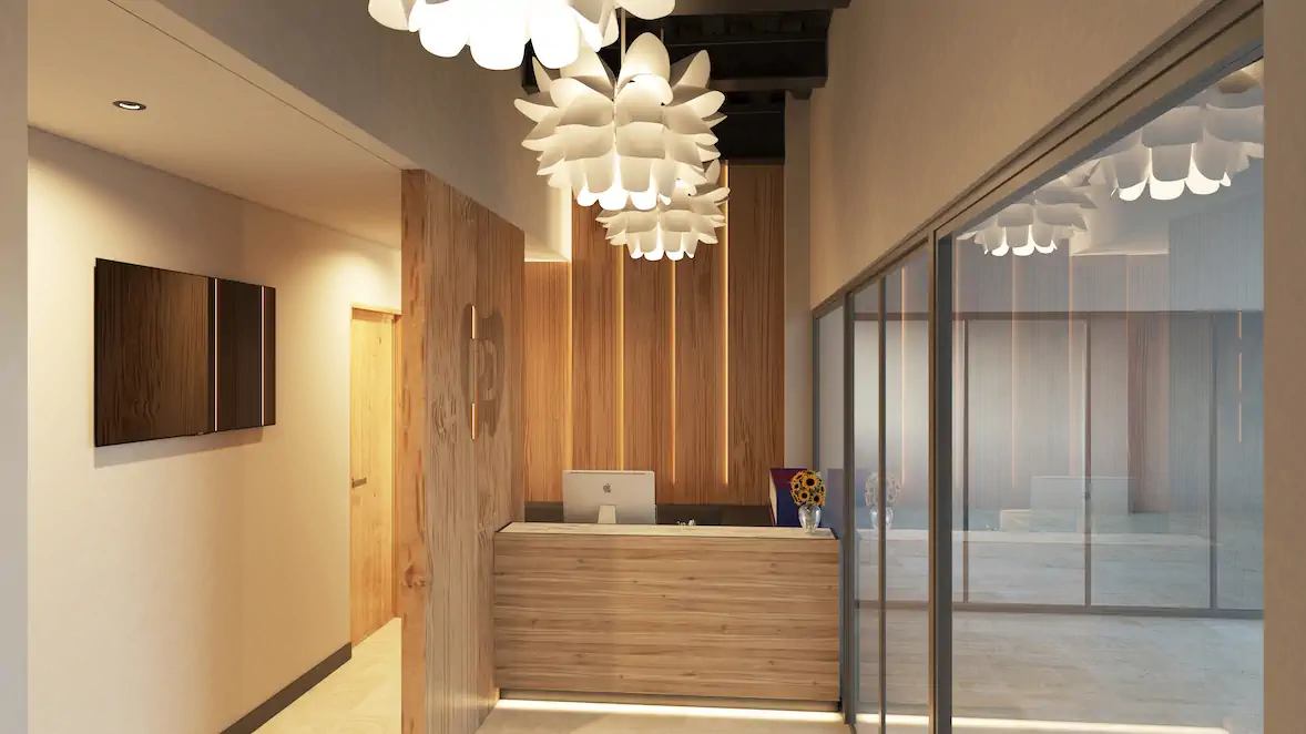 Dentarte — render del vestíbulo de recepción