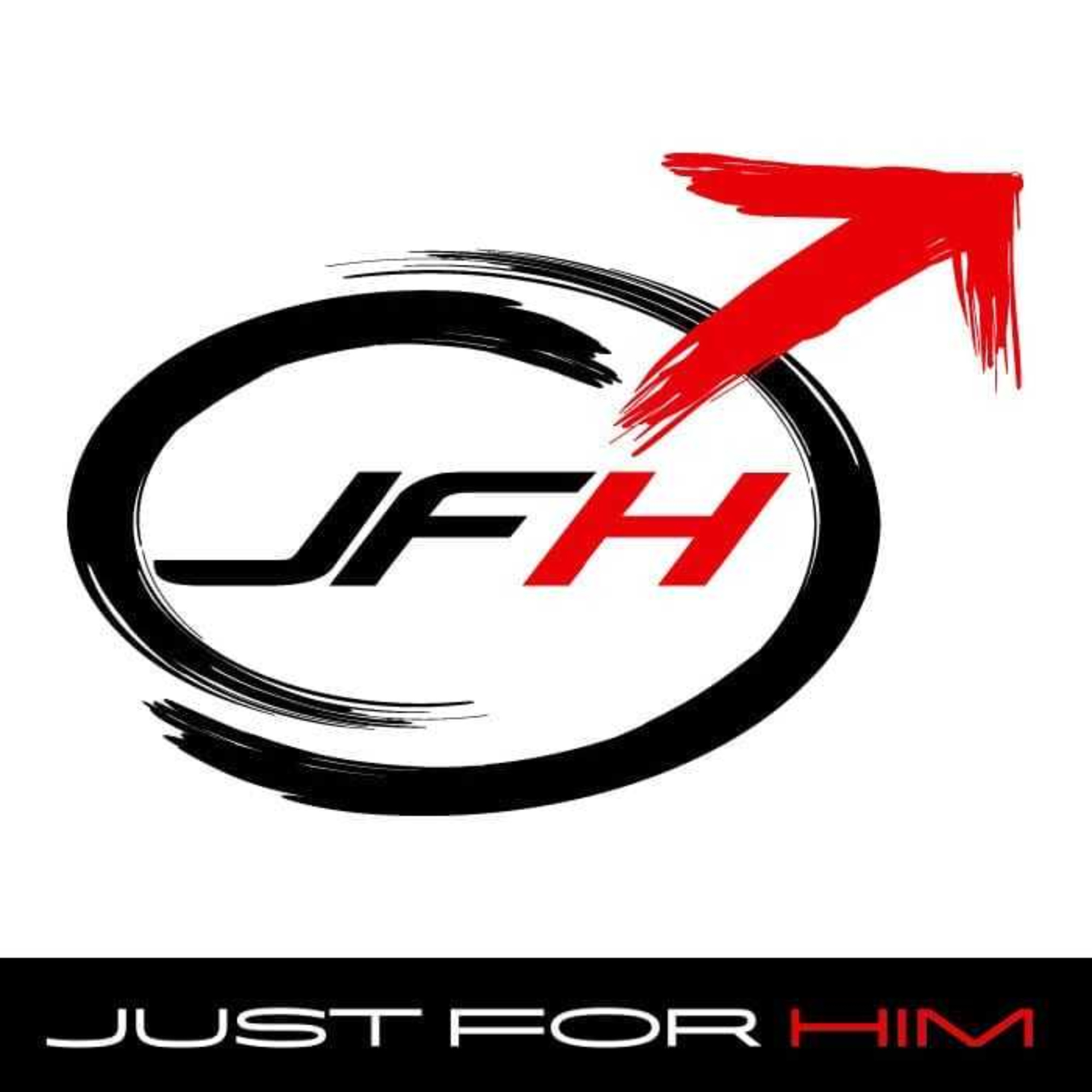 Just For Him logo with JFH initials in a black circle and a bold red arrow.