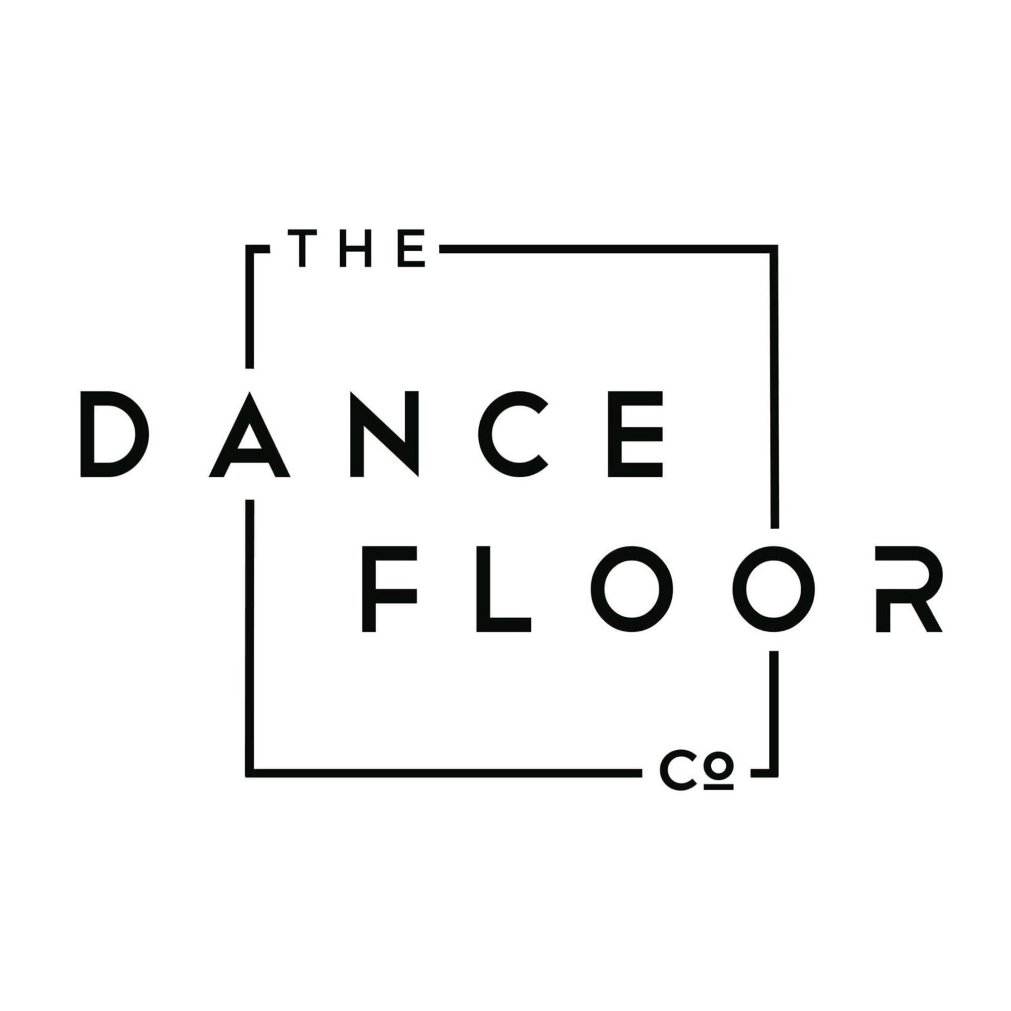 Minimal black and white logo reading The Dance Floor Co in a geometric frame.