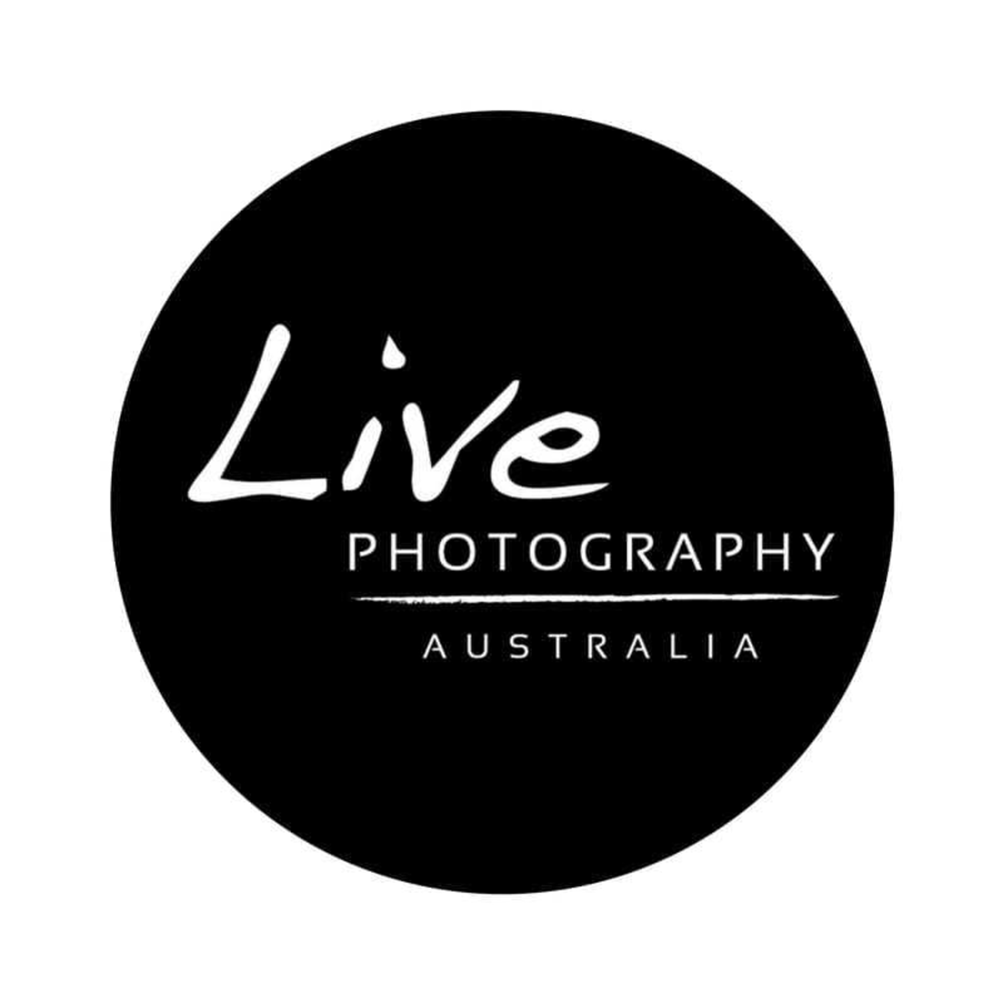 Live Photography Australia circular black and white logo with stylized text.
