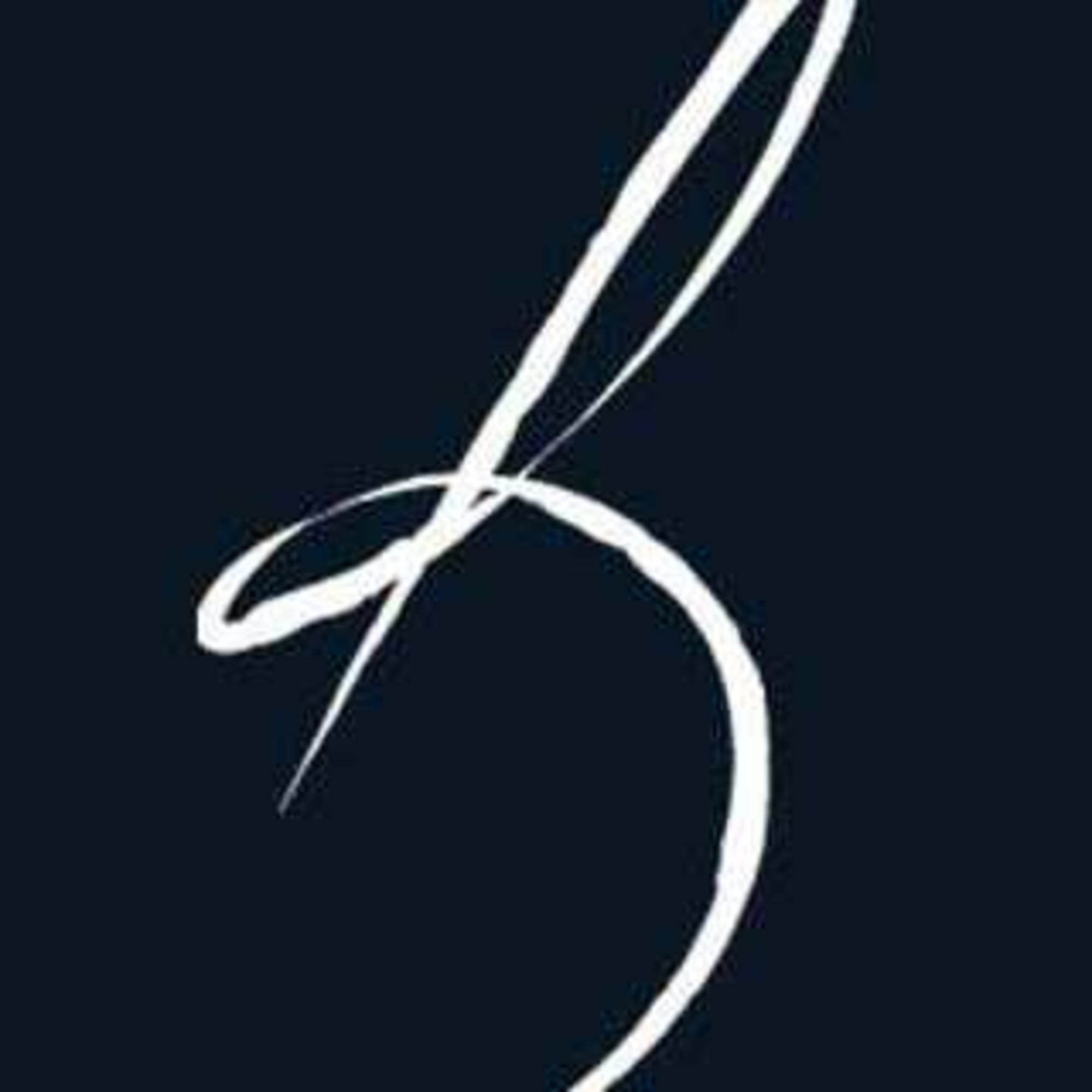 Minimalist white calligraphic monogram logo on a dark navy background.