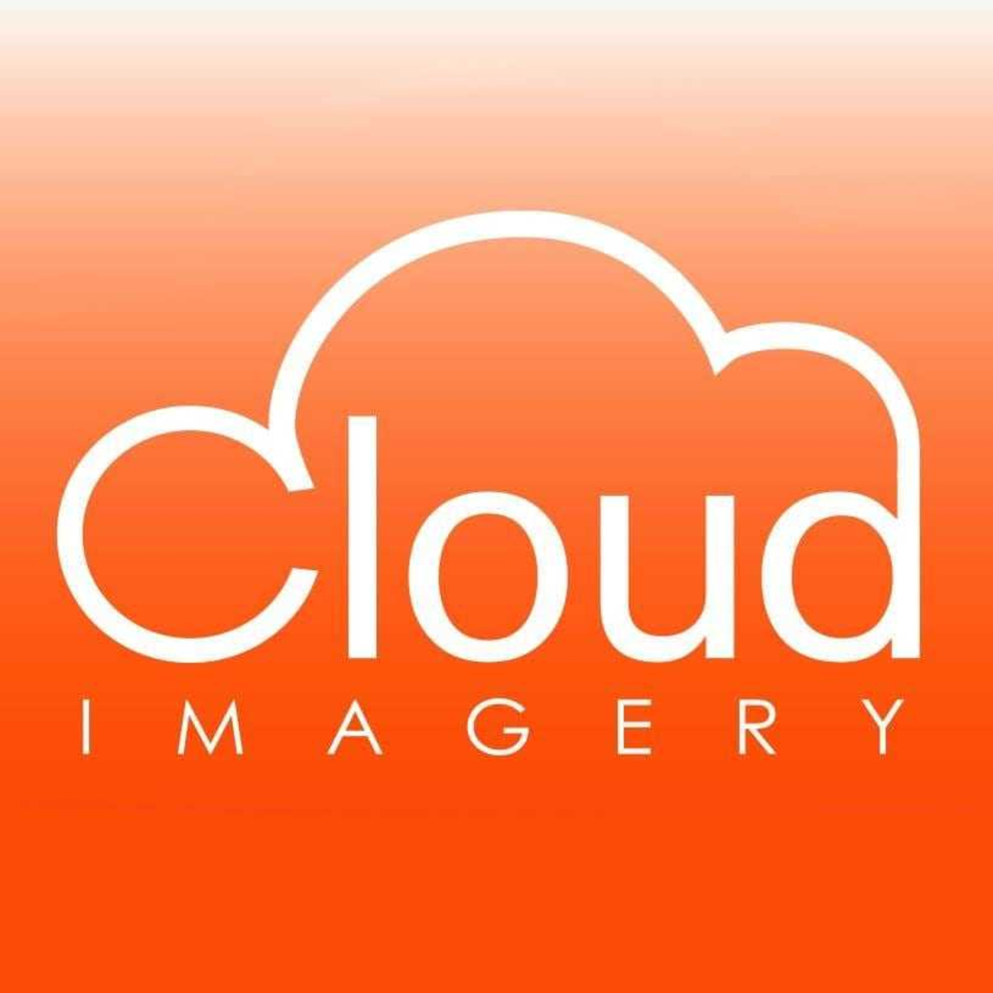 Cloud Imagery logo with white cloud-shaped text on a bright orange gradient background.