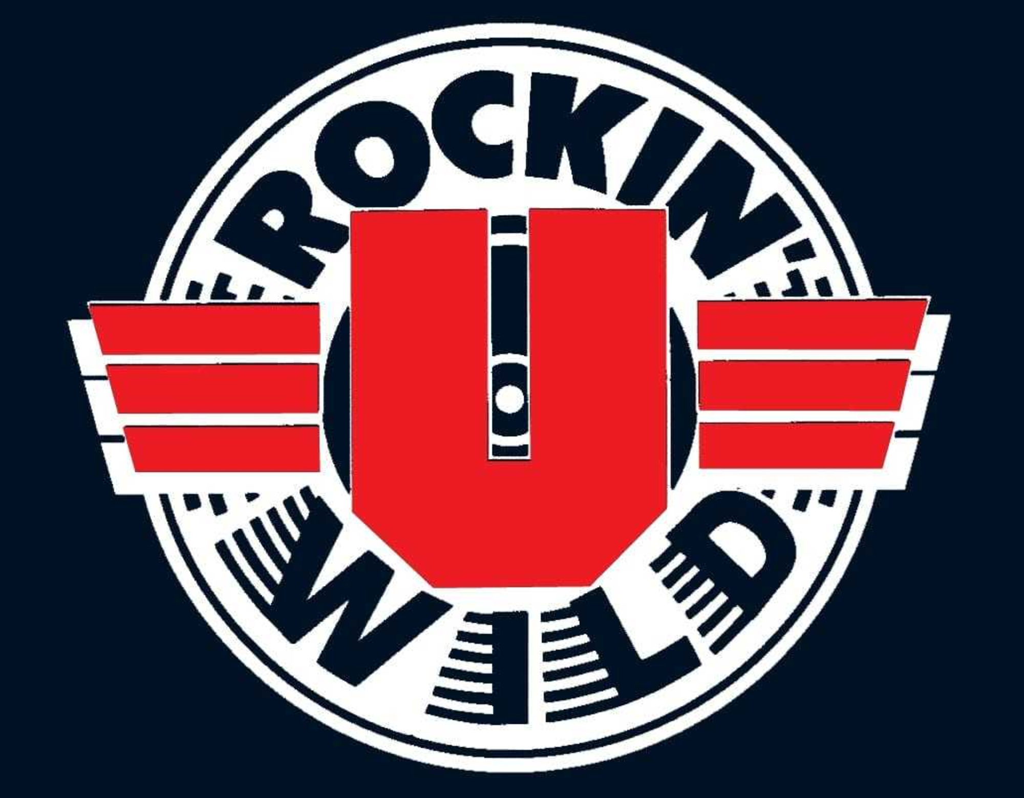 Rockin U Wild logo with bold red U and winged stripes on a circular black and white background