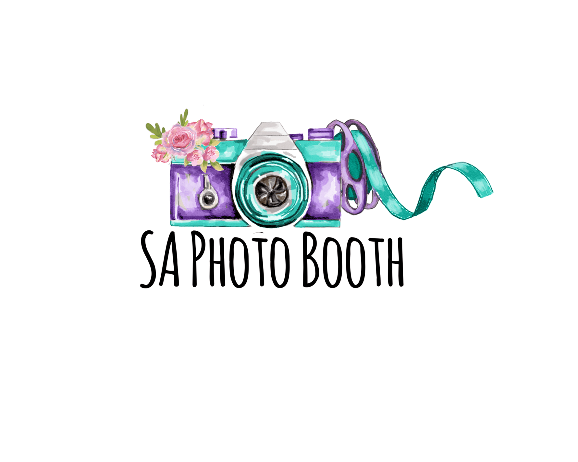Whimsical SA Photo Booth logo with a teal and purple vintage camera decorated with pink flowers.