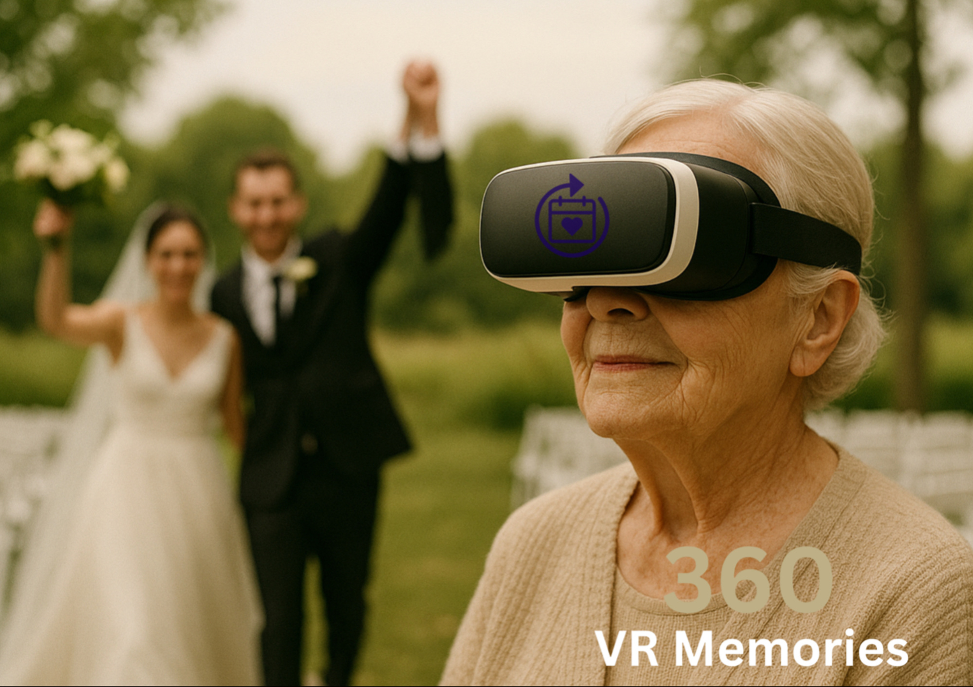 Elderly woman wearing a VR headset experiences a couple’s outdoor wedding ceremony in 360 degrees.