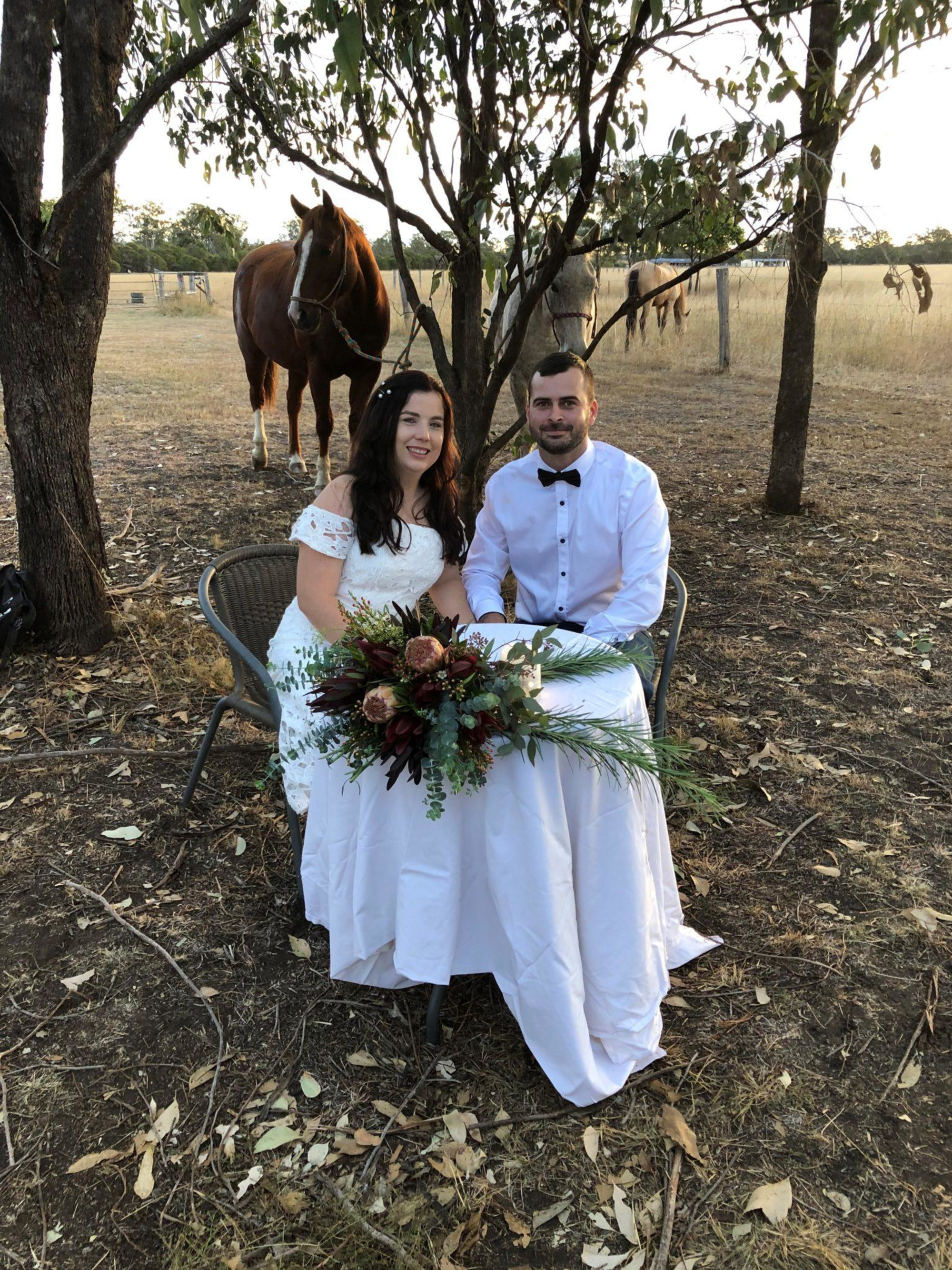 Bride and groom seated at a small table with a rustic bouquet under trees in a farm paddock with horses in the background.