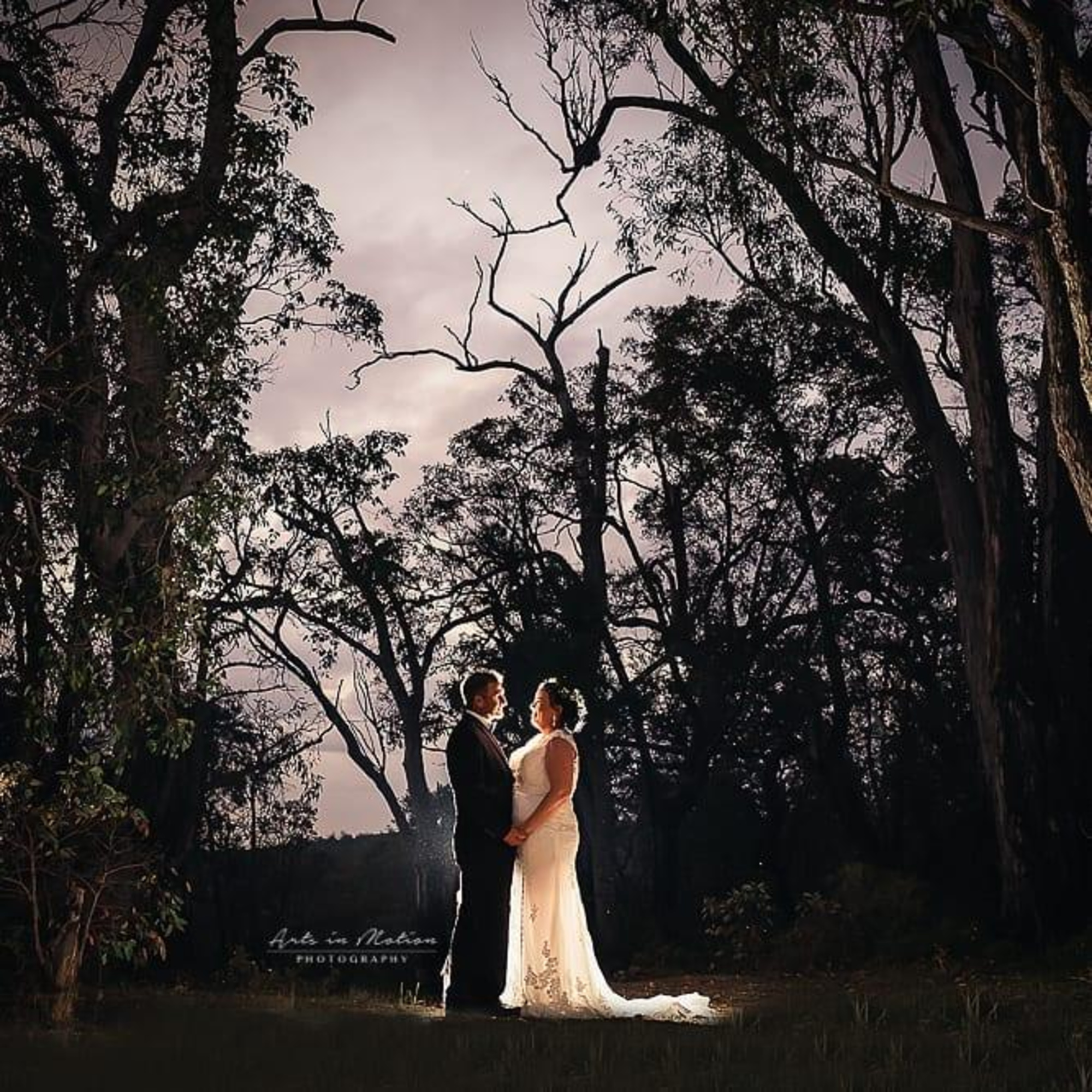 Bride and groom stand holding hands in a dramatically lit forest at dusk.