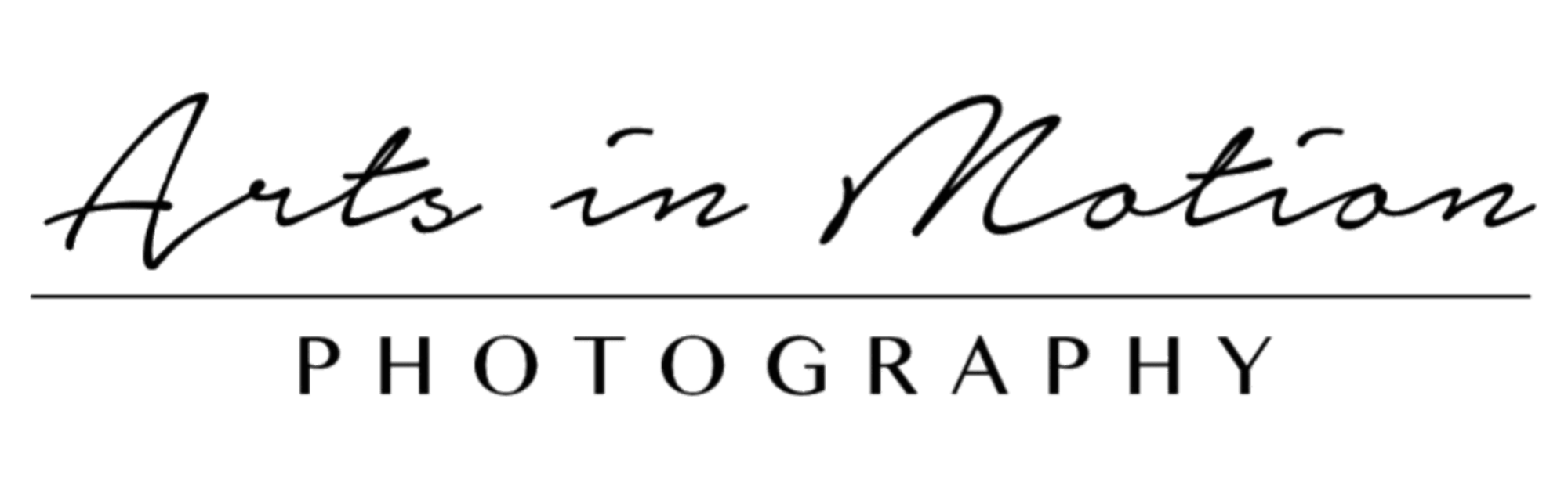Minimalist Arts in Motion Photography logo with script and uppercase lettering separated by a thin line.