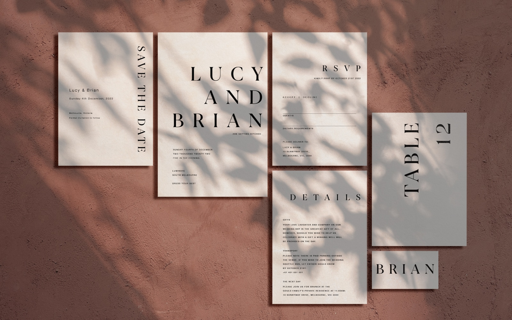 Minimal modern wedding invitation suite with neutral cards and black typography styled on a textured terracotta background.