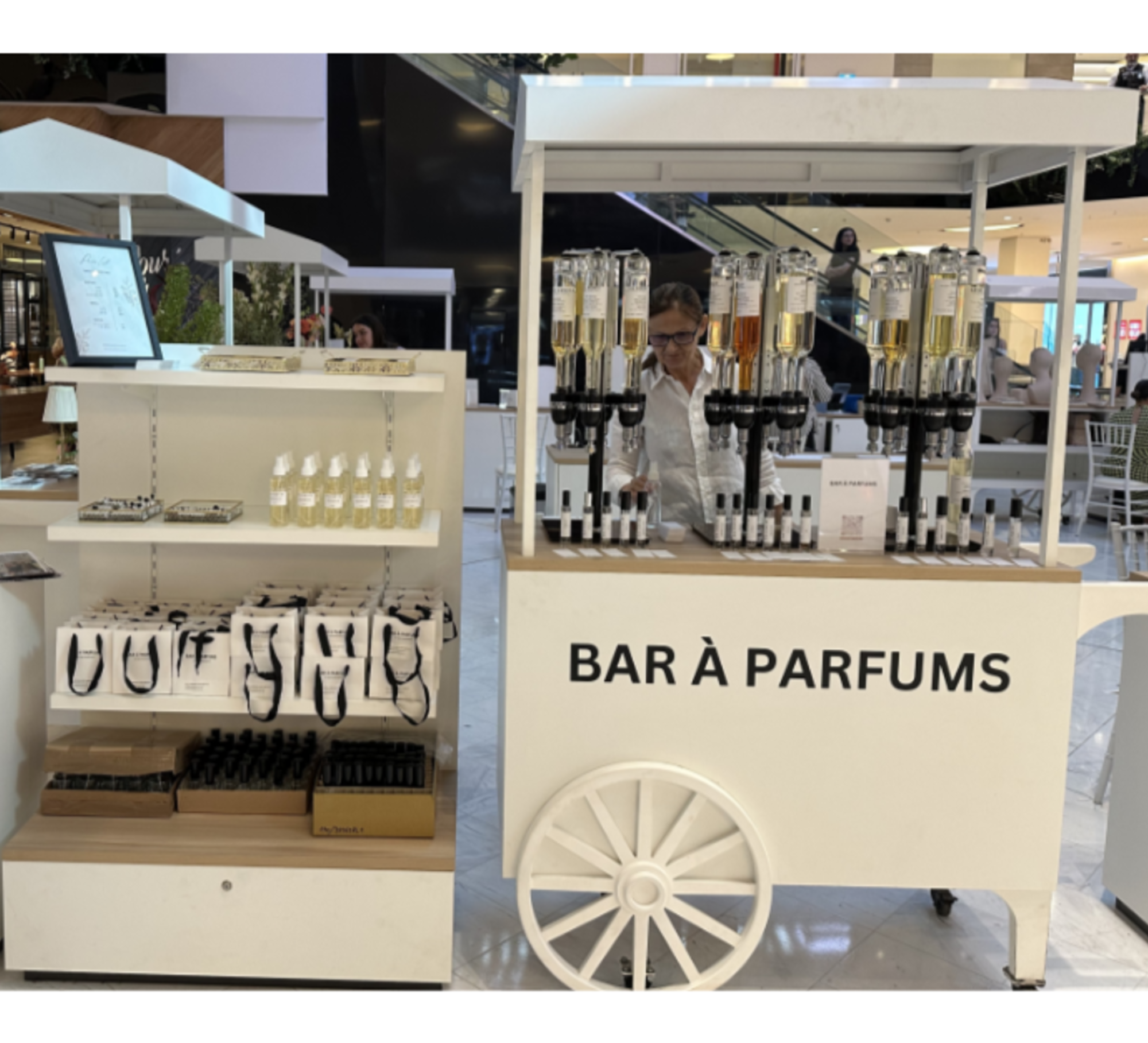 White bar à parfums cart with perfume dispensers and gift bottles displayed in a mall setting