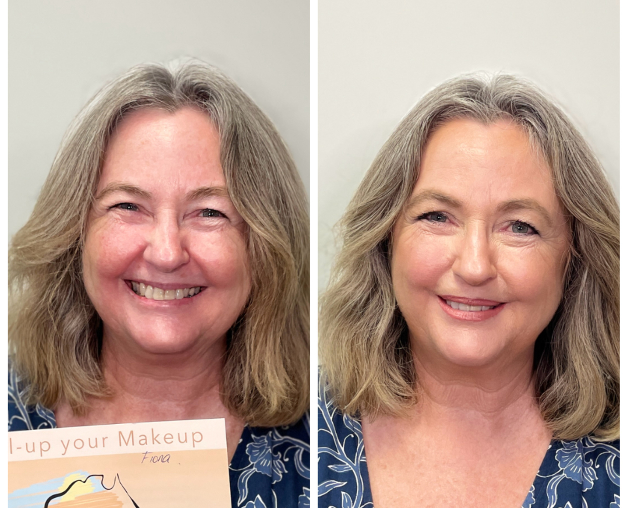 Side-by-side before and after photos of a woman showcasing natural bridal makeup on mature skin.