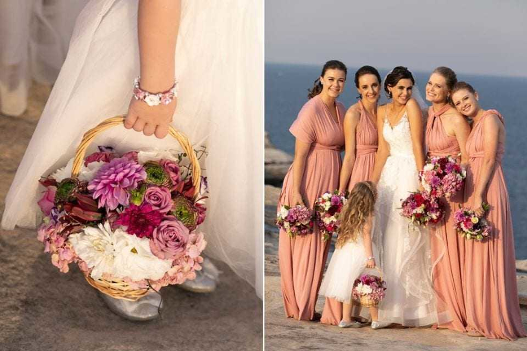 Bride, bridesmaids, and flower girl in blush dresses holding pink and white bouquets at a seaside wedding.