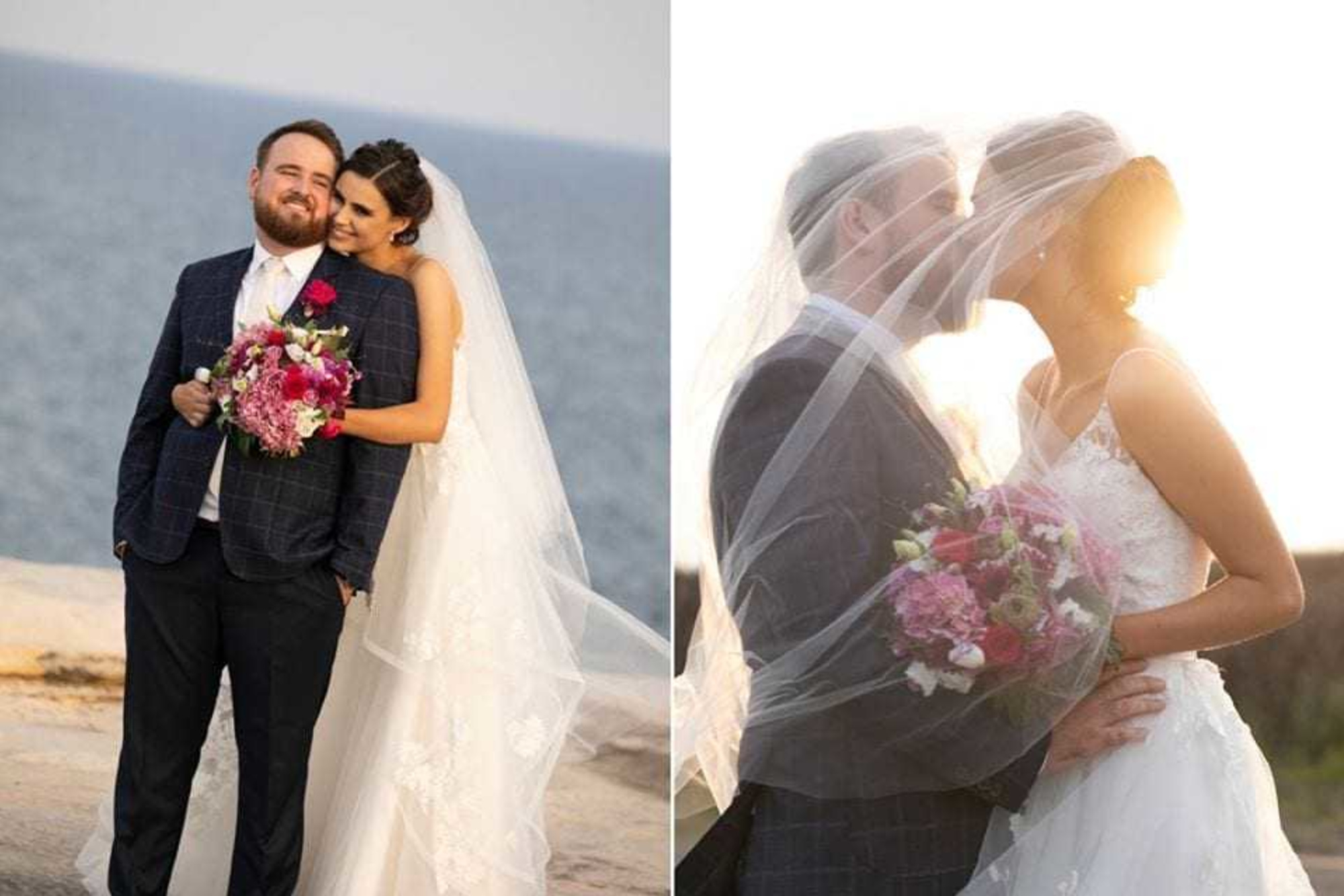 Bride and groom share romantic seaside portraits, embracing with a bright pink bouquet and veil in soft sunset light.