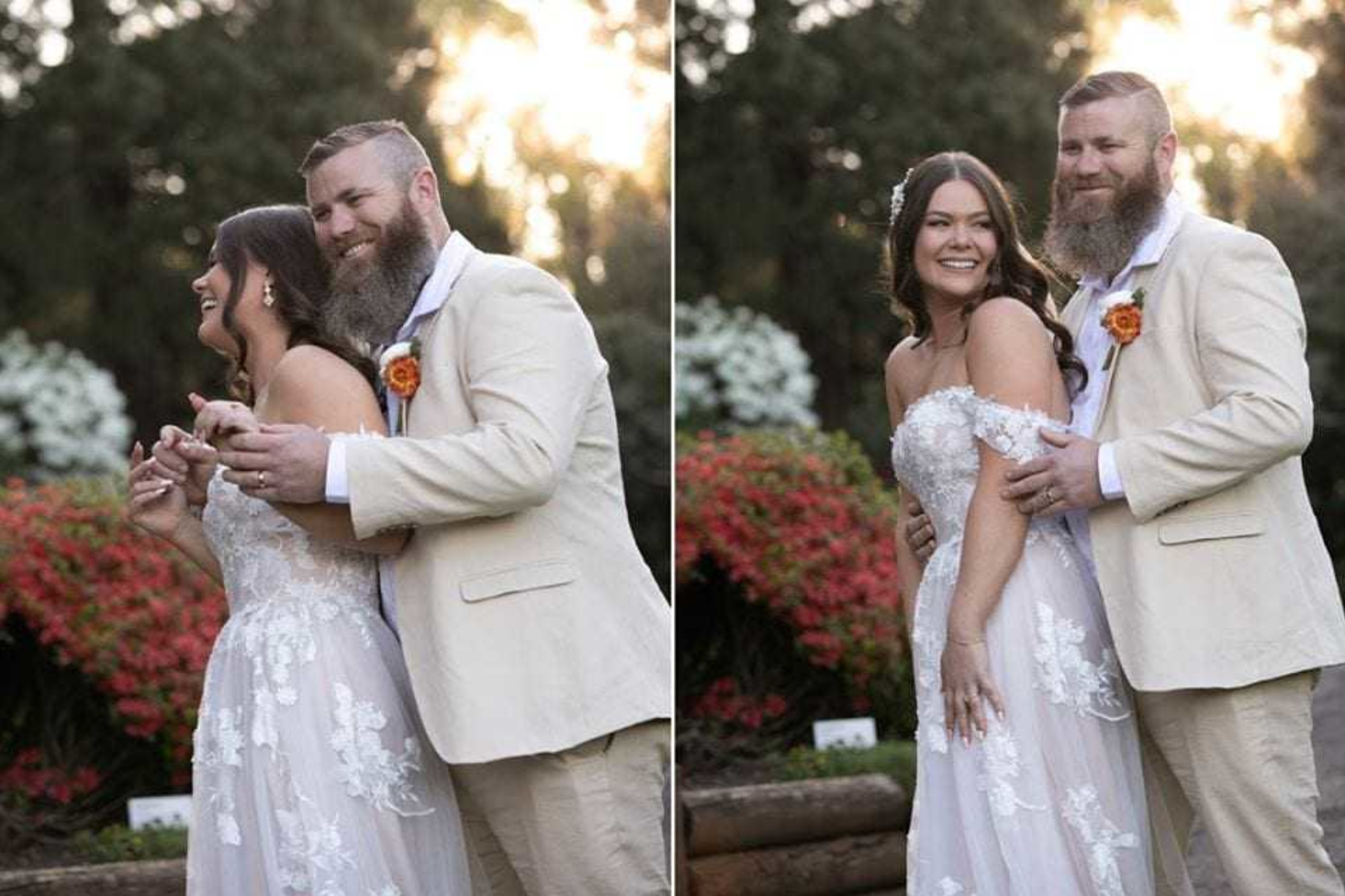 Smiling bride and groom embrace outdoors in a garden at sunset on their wedding day.