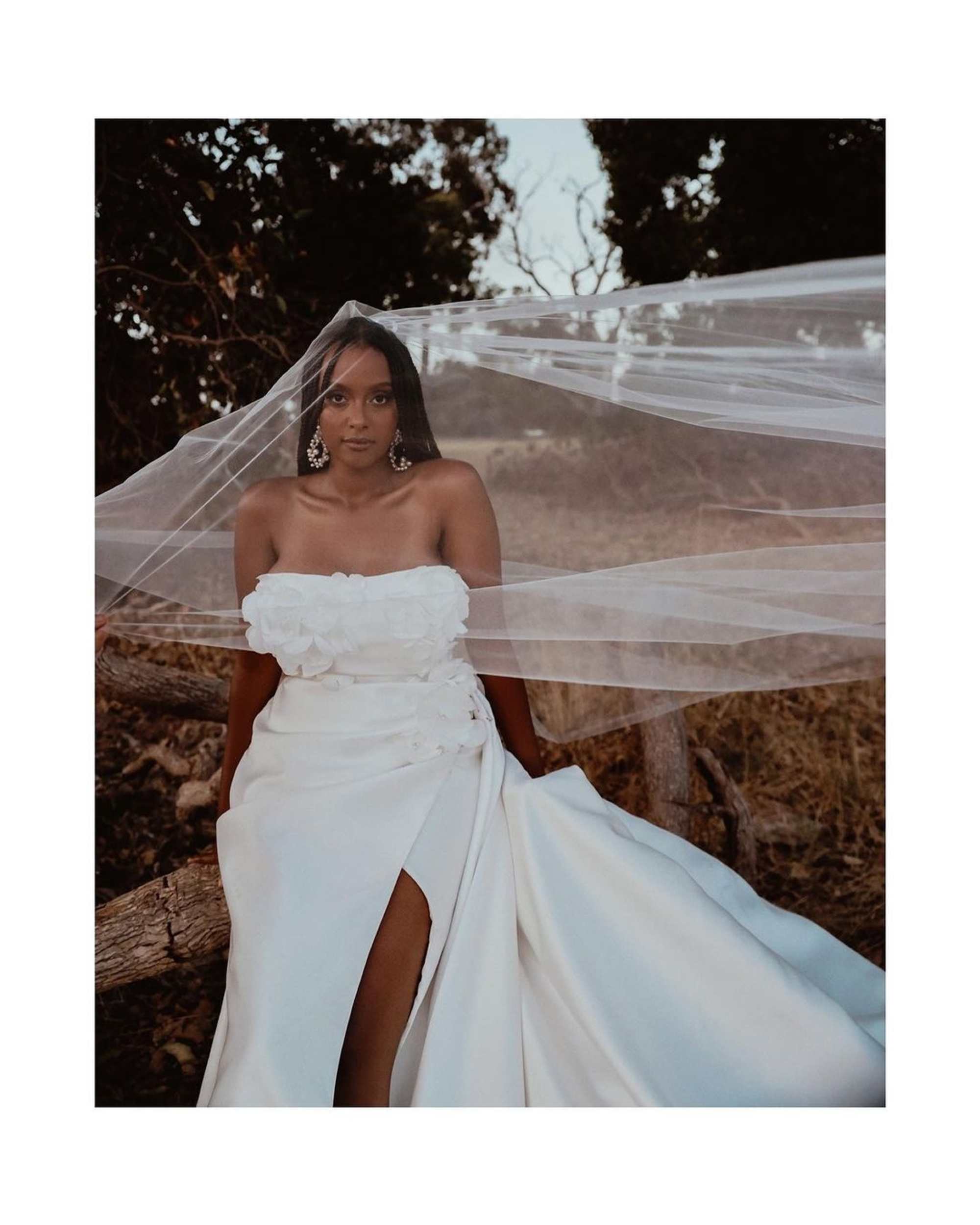 Bride in a strapless white gown and long veil poses outdoors on a rustic log.