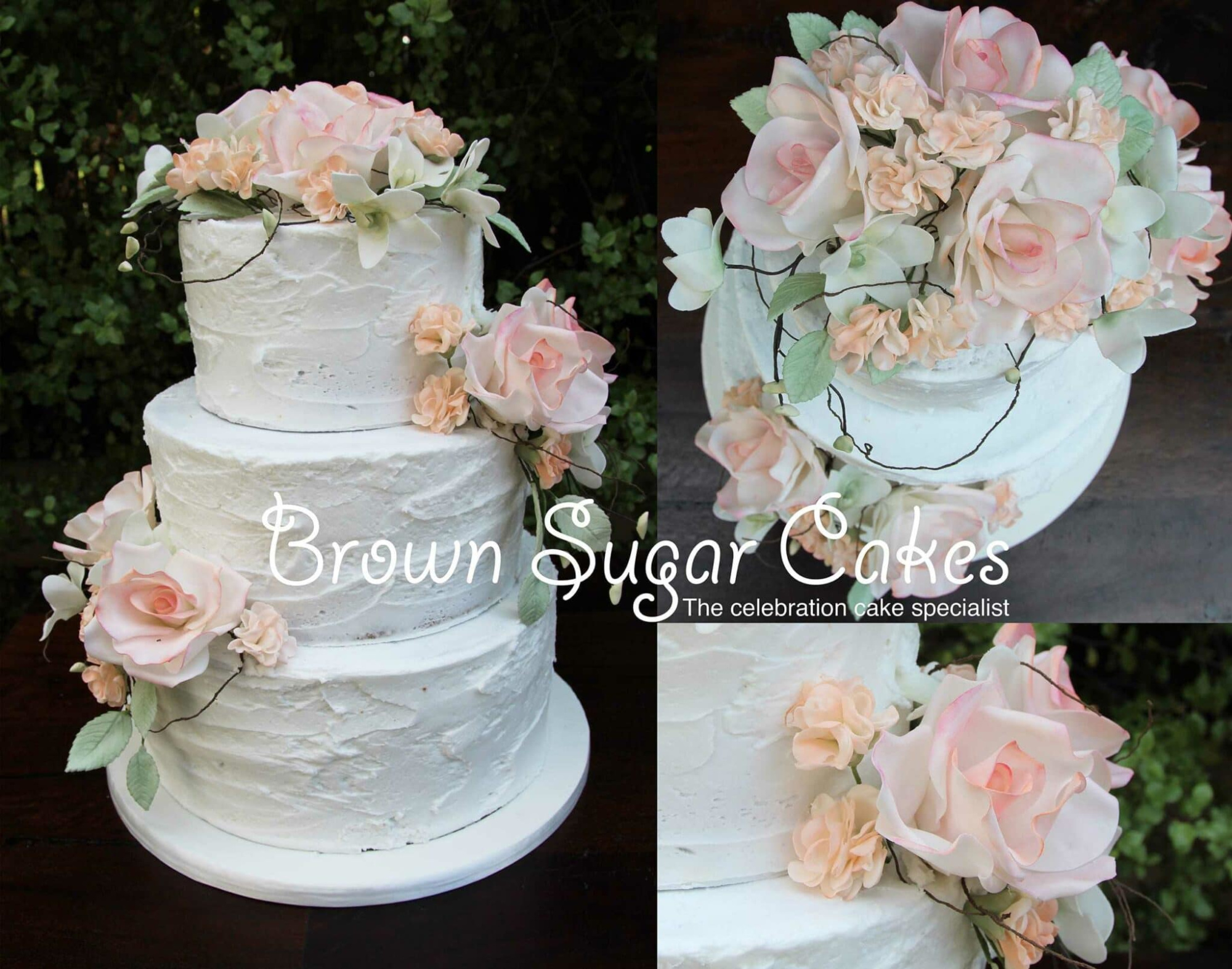 Three-tier white buttercream wedding cake decorated with soft pink sugar flowers and greenery in a garden setting.