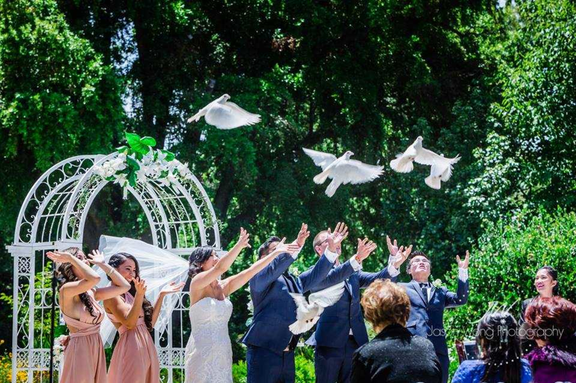 Wedding party in a garden releases white doves under a floral arch during an outdoor ceremony.