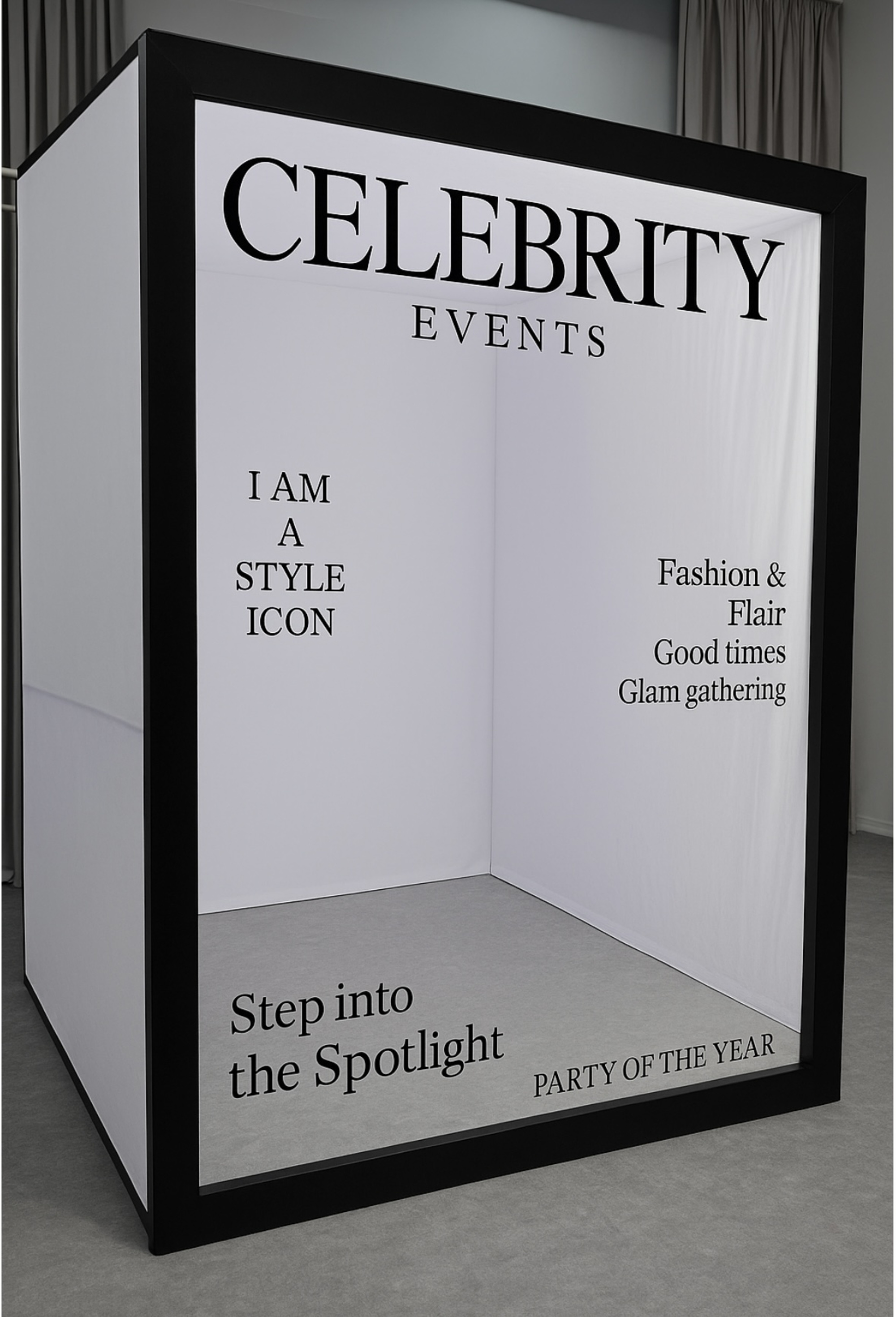 Modern celebrity-style event photo booth cube with white walls and black text branding.
