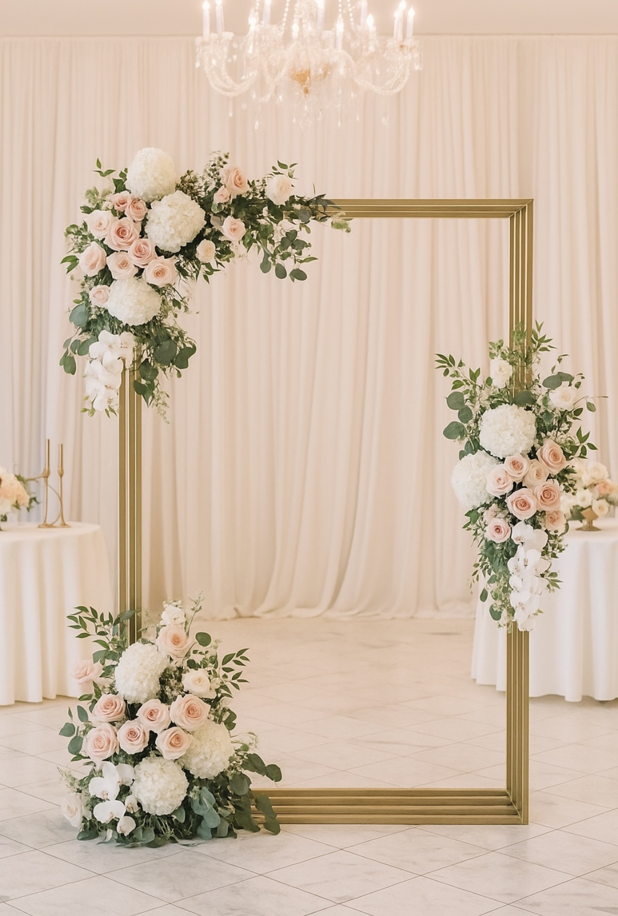 Gold rectangular wedding arch decorated with blush and white flowers in an elegant indoor venue.