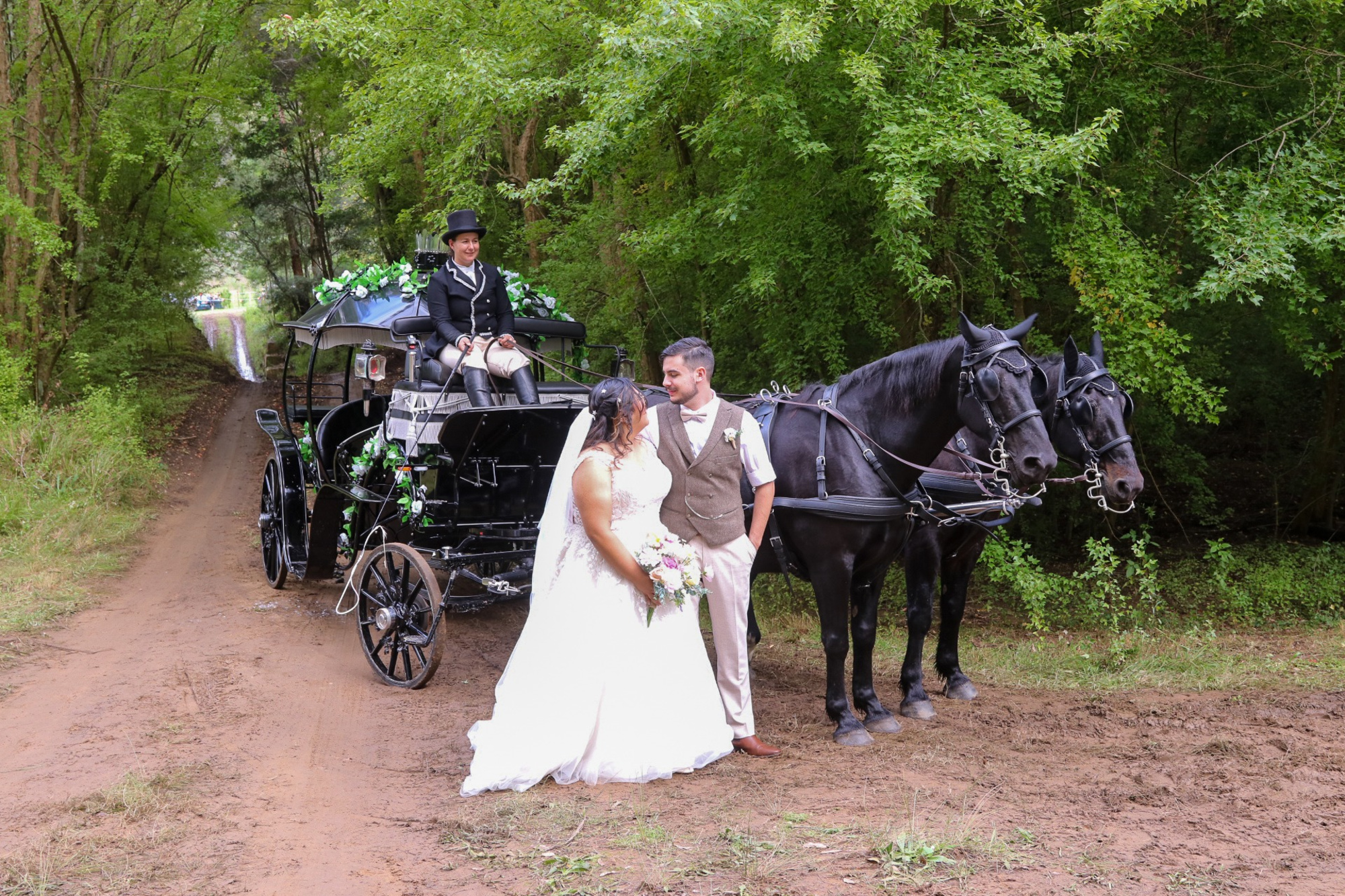 Wedding couple stands by a black horse-drawn carriage on a forest path with a driver and lush green trees.