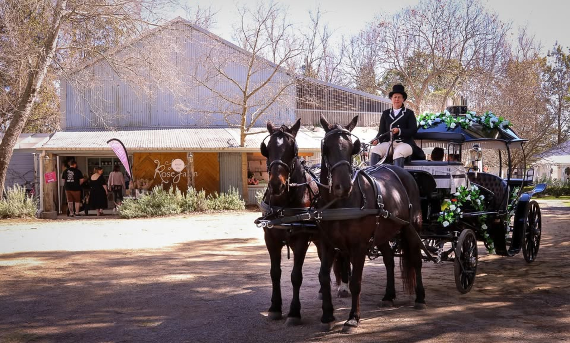 A horse-drawn wedding carriage decorated with greenery stands outside a rustic barn venue.