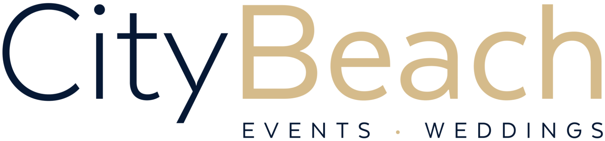 City Beach Events Weddings logo in navy and sand-colored text on a transparent background