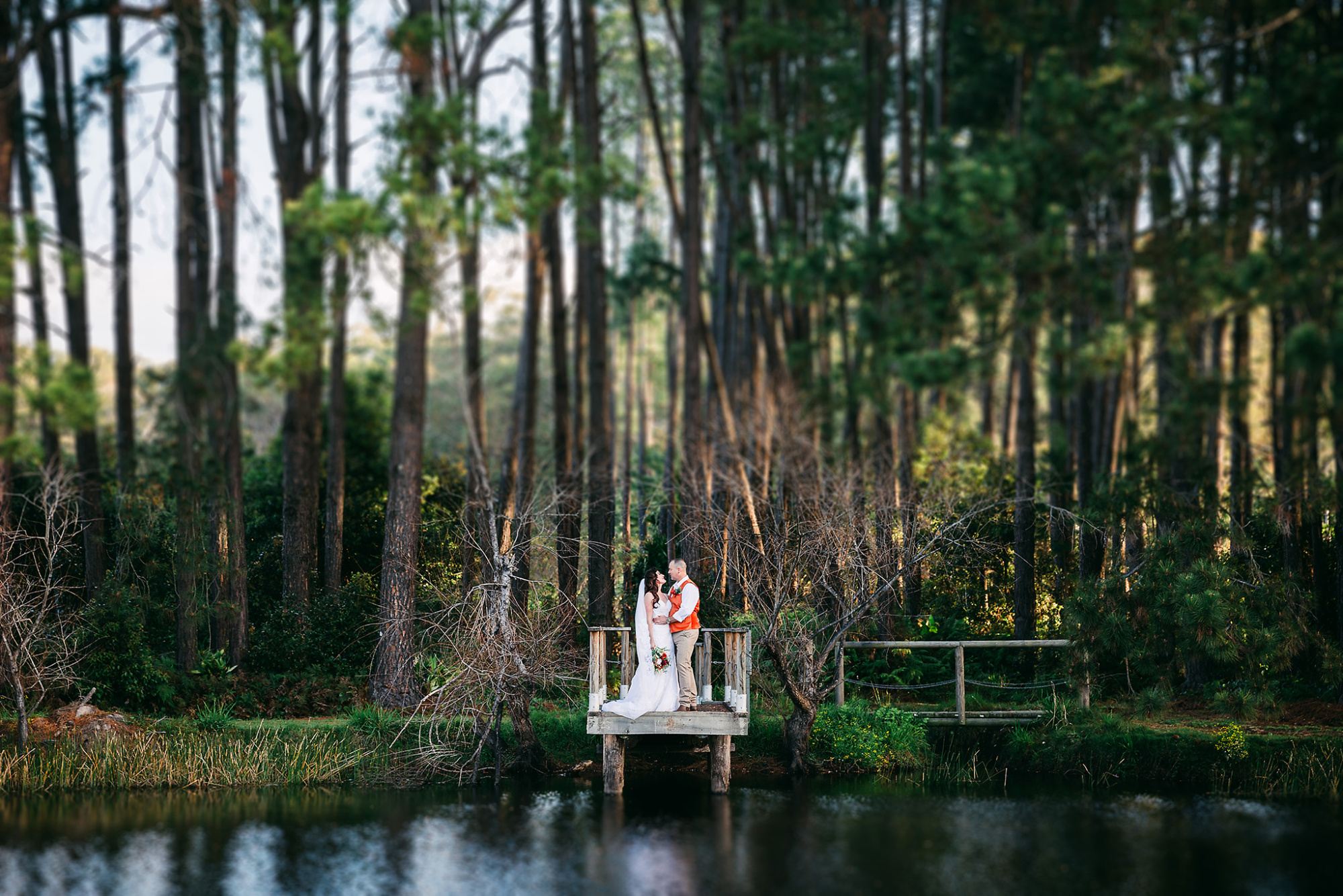 Bride and groom stand on a small wooden dock by a forest lake surrounded by tall trees.