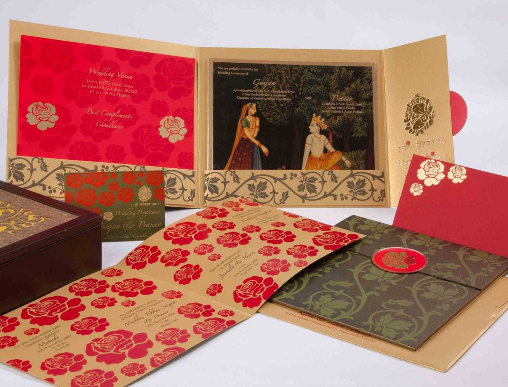Exquisite Indian wedding invitations featuring vibrant colors, intricate patterns, and traditional artwork for a memorable celebration.
