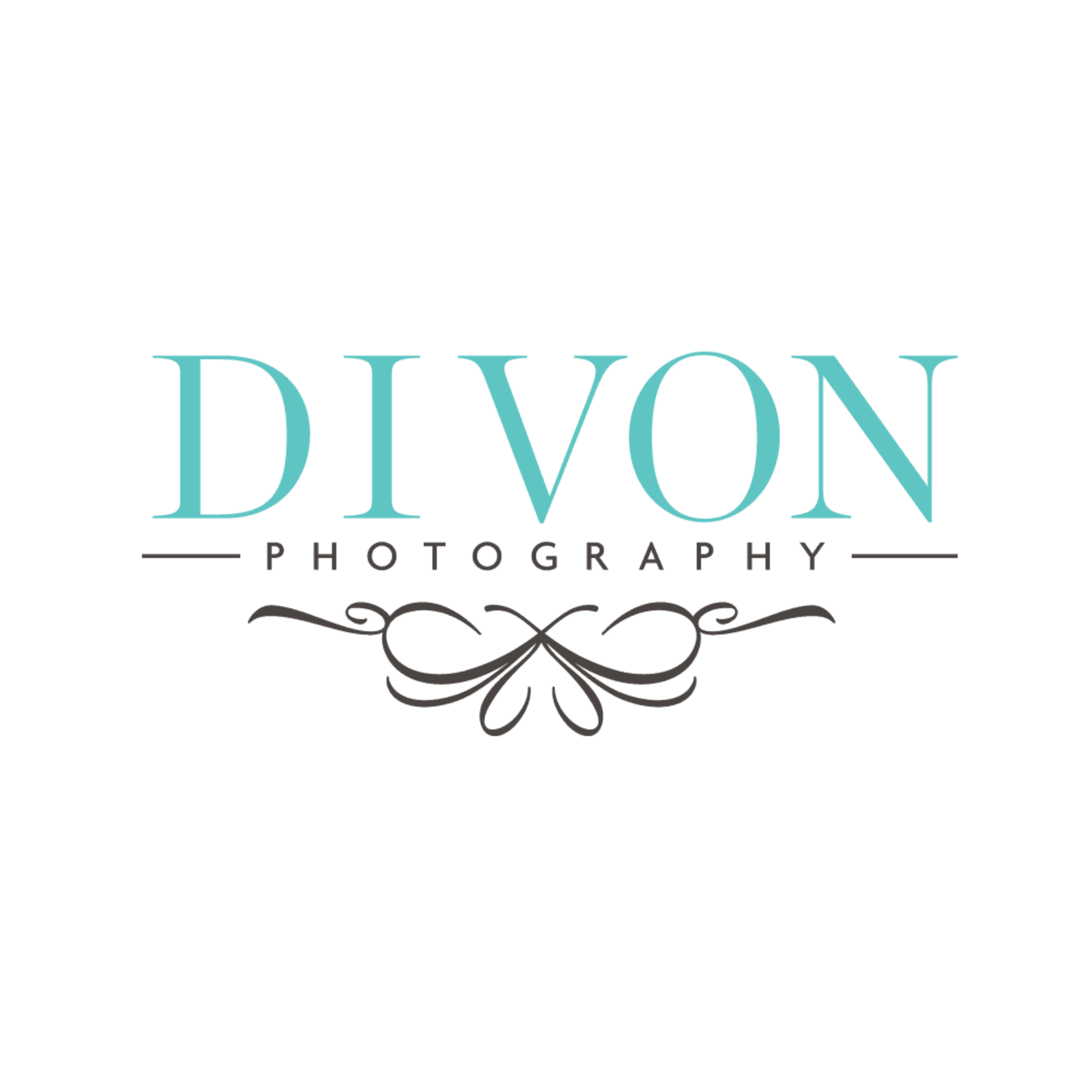 Divon Photography logo in aqua text with elegant black flourish decoration on a green background