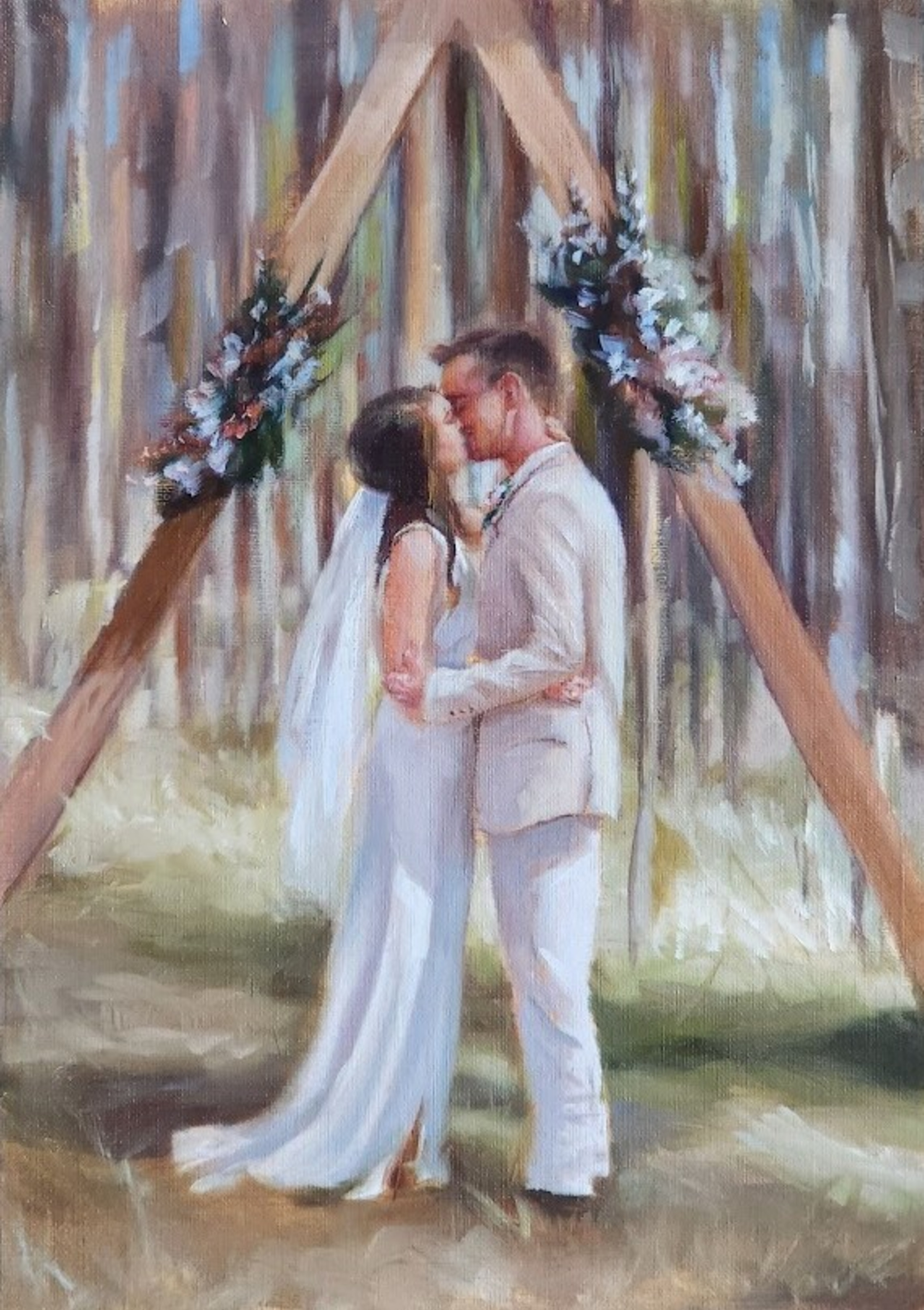 Romantic painted portrait of a bride and groom kissing beneath a floral wooden arch in a forest setting.