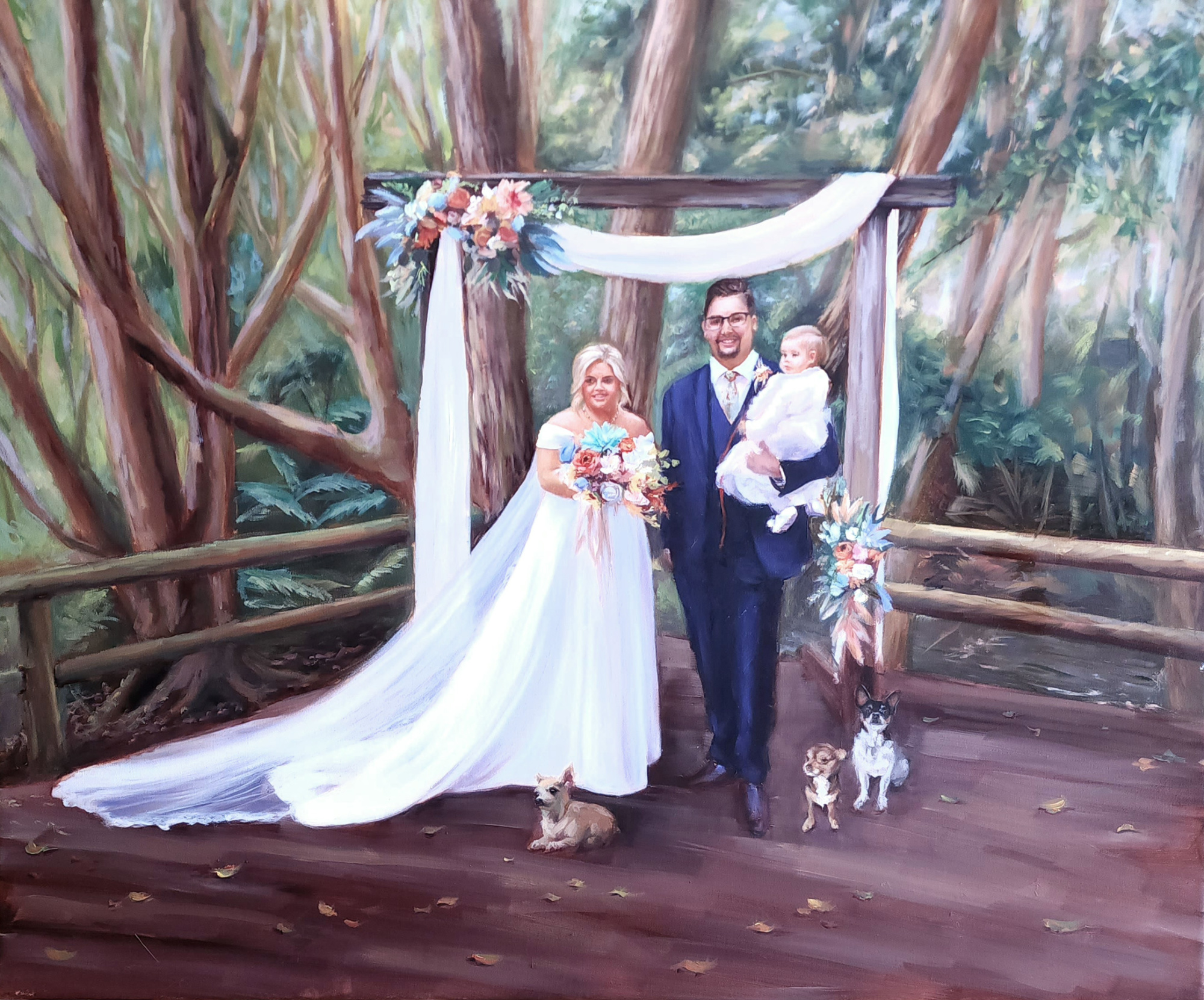 Painted wedding portrait of a couple with child and dogs under a floral-draped arch in a forest setting.