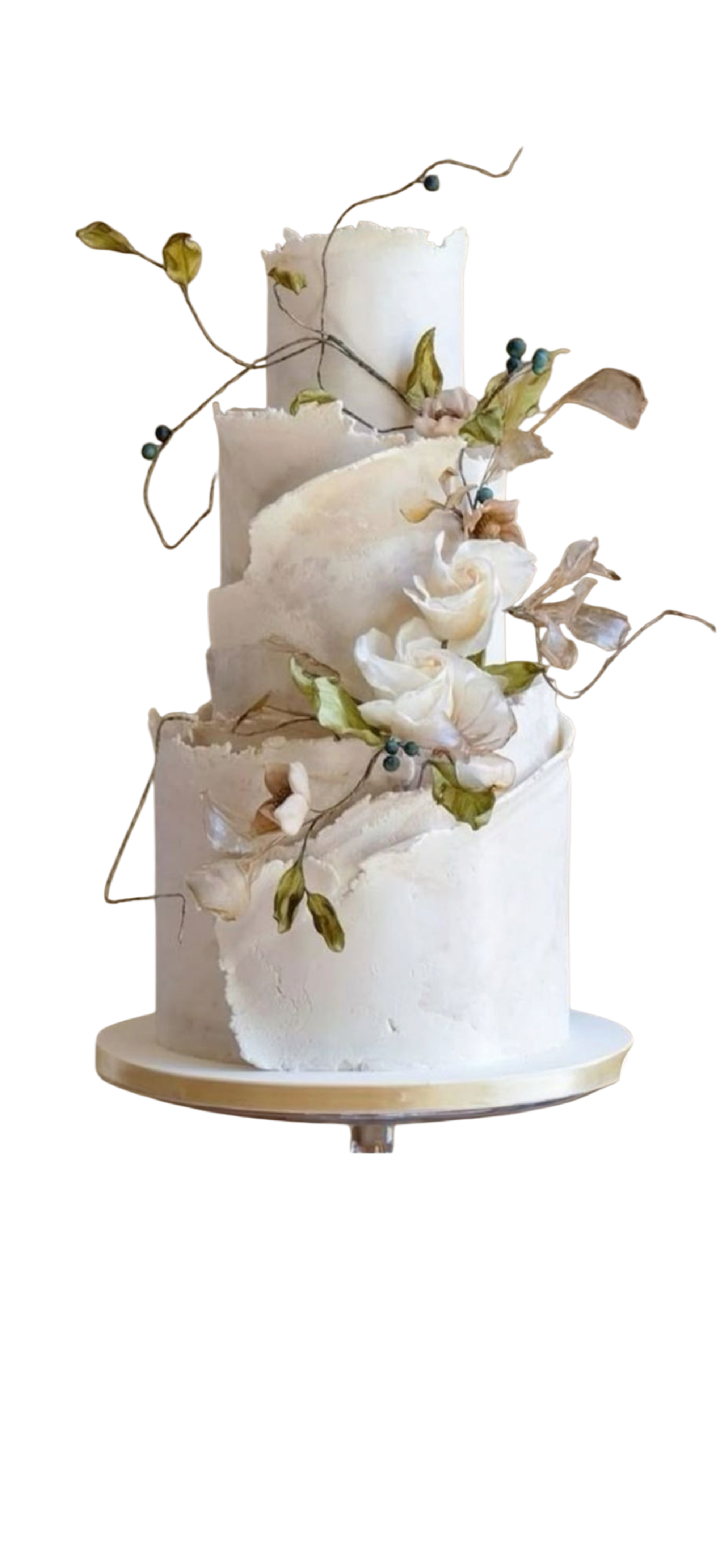 Tall multi-tiered white wedding cake with textured edges and delicate sugar flowers and greenery.