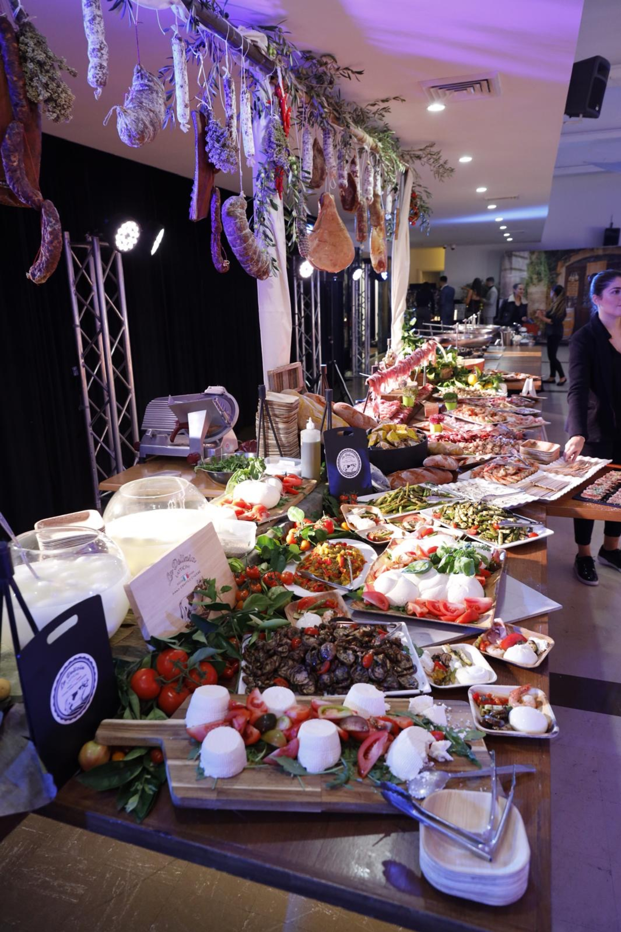 Lavish wedding buffet with hanging cured meats and assorted Italian appetizers on a long table.