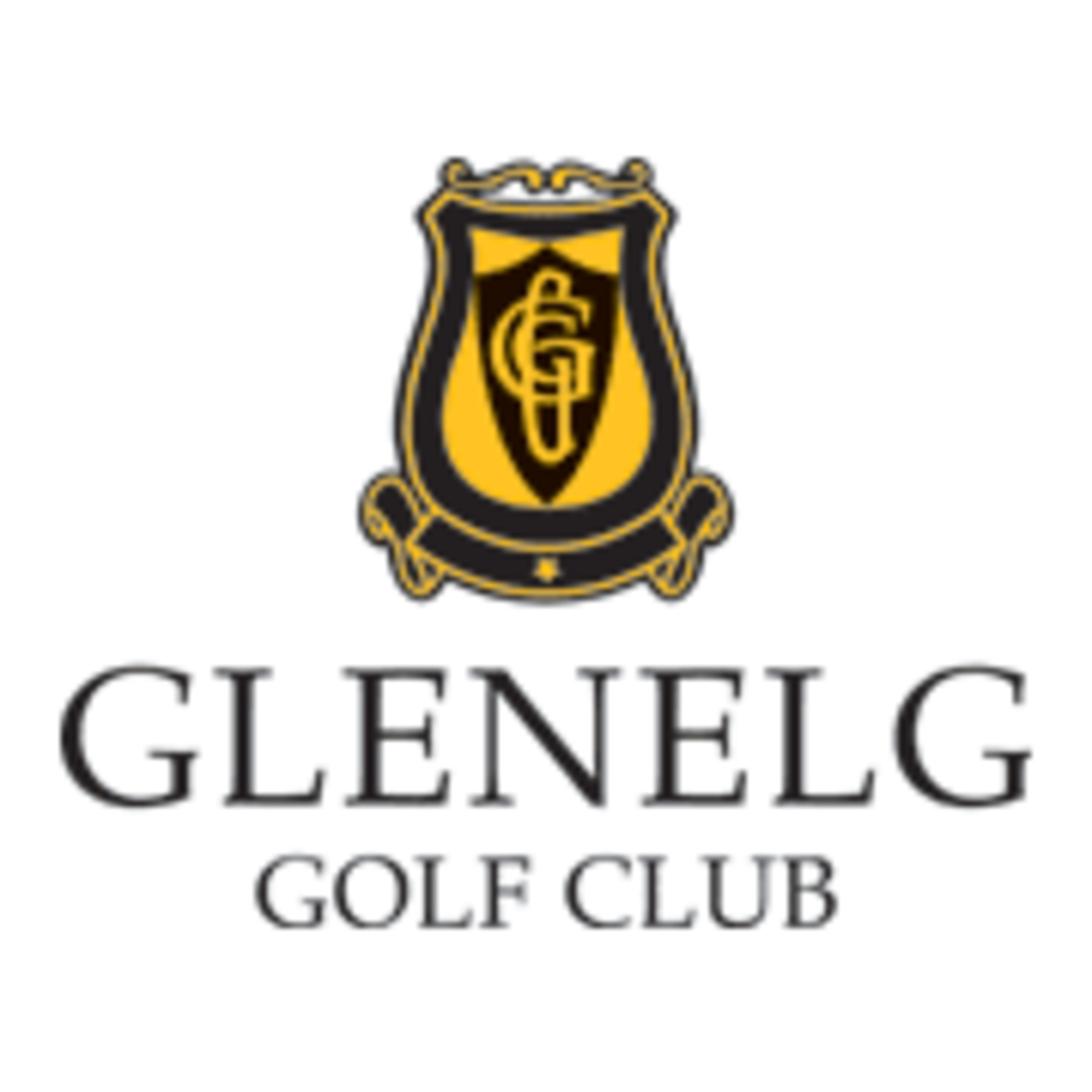 Glenelg Golf Club logo with a gold and black crest above the venue name in serif lettering