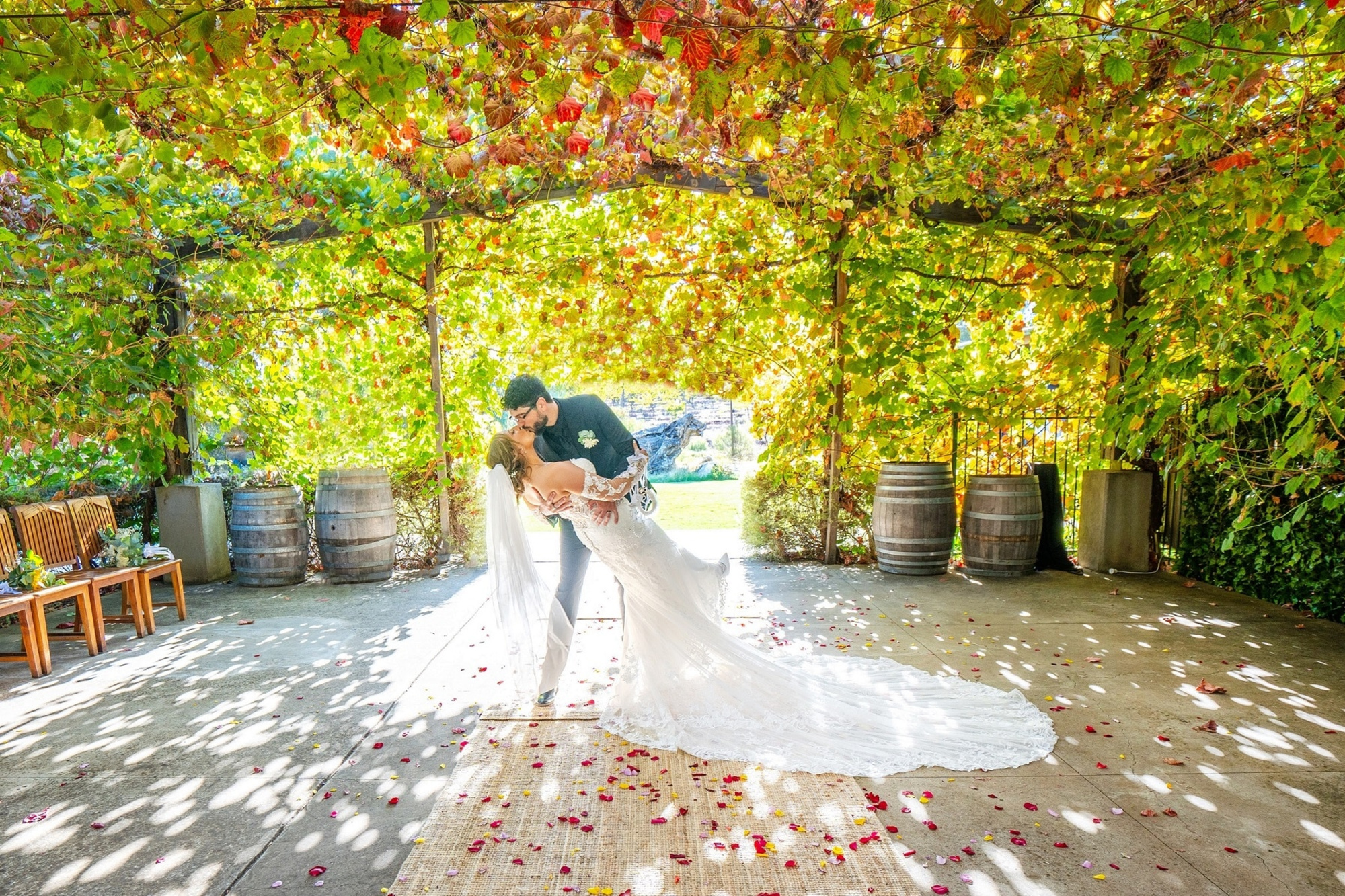 Bride and groom share a romantic dip kiss under a leafy vine-covered arbor at a rustic outdoor venue.