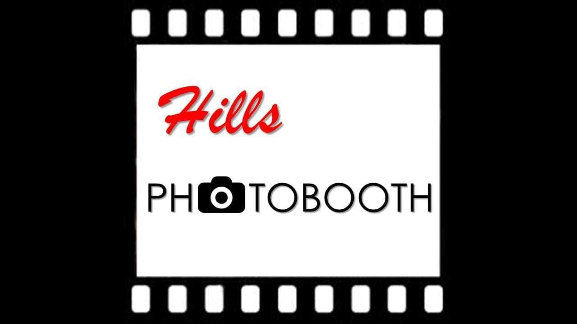 Logo for Hills Photobooth featuring red script text and a camera icon inside a filmstrip frame.