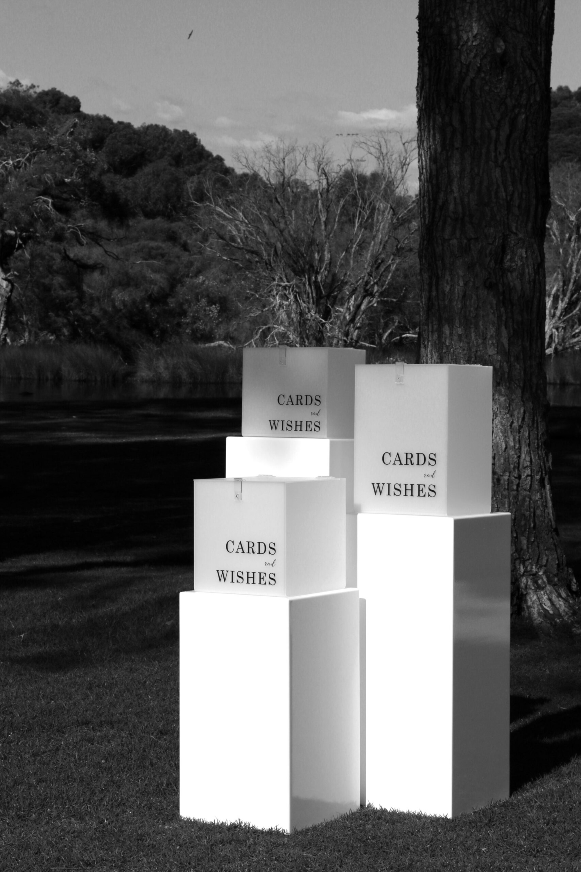 Stacked white wedding card and wishes boxes displayed outdoors on the grass by a tree.