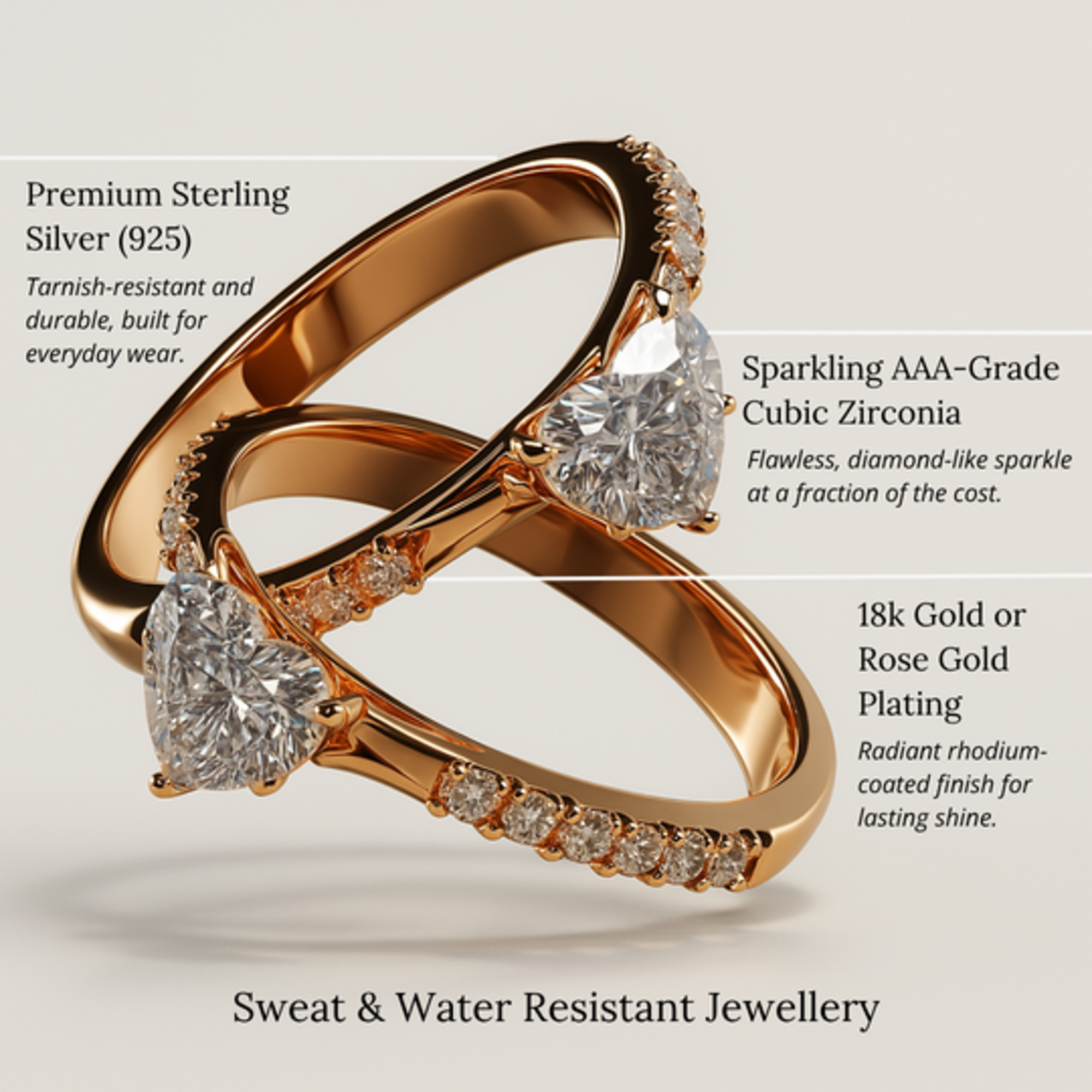 Close-up of two rose gold heart-shaped cubic zirconia rings with accent stones on a neutral background.