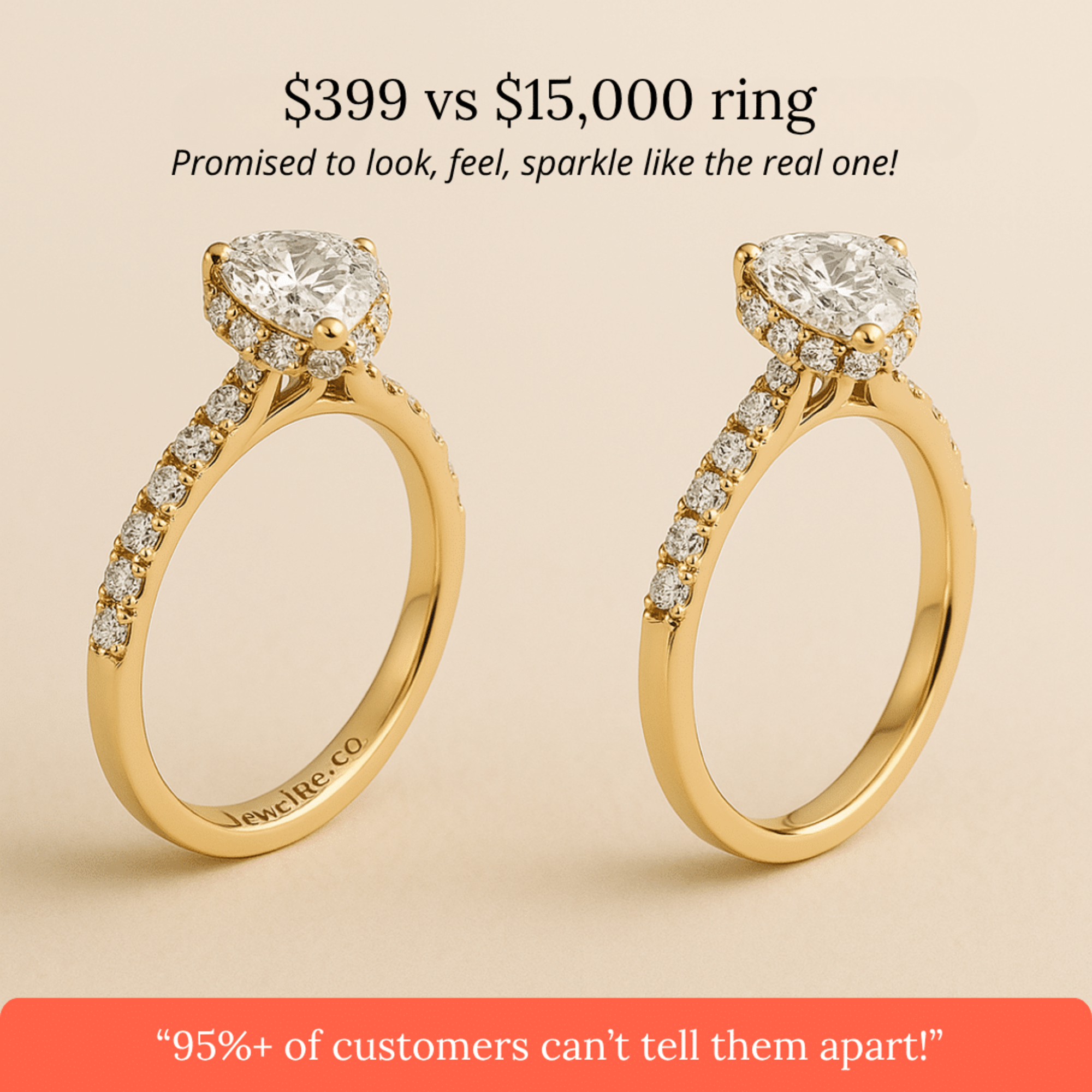 Side by side comparison of two gold diamond engagement rings showing affordable versus luxury options.