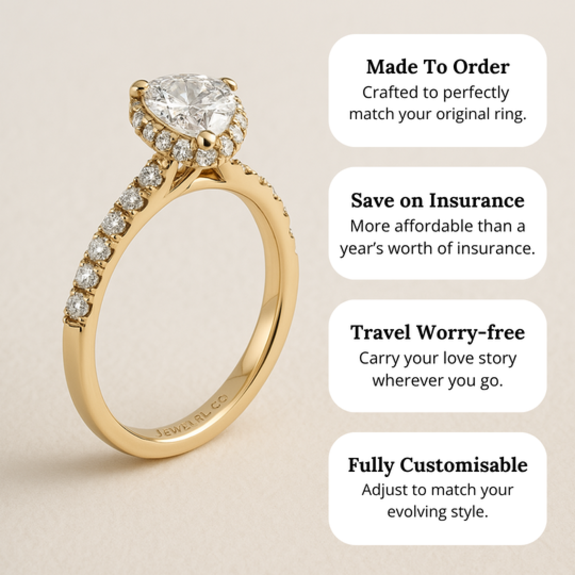 Gold diamond engagement ring with text highlighting custom, insured, travel-friendly, and fully customizable features.