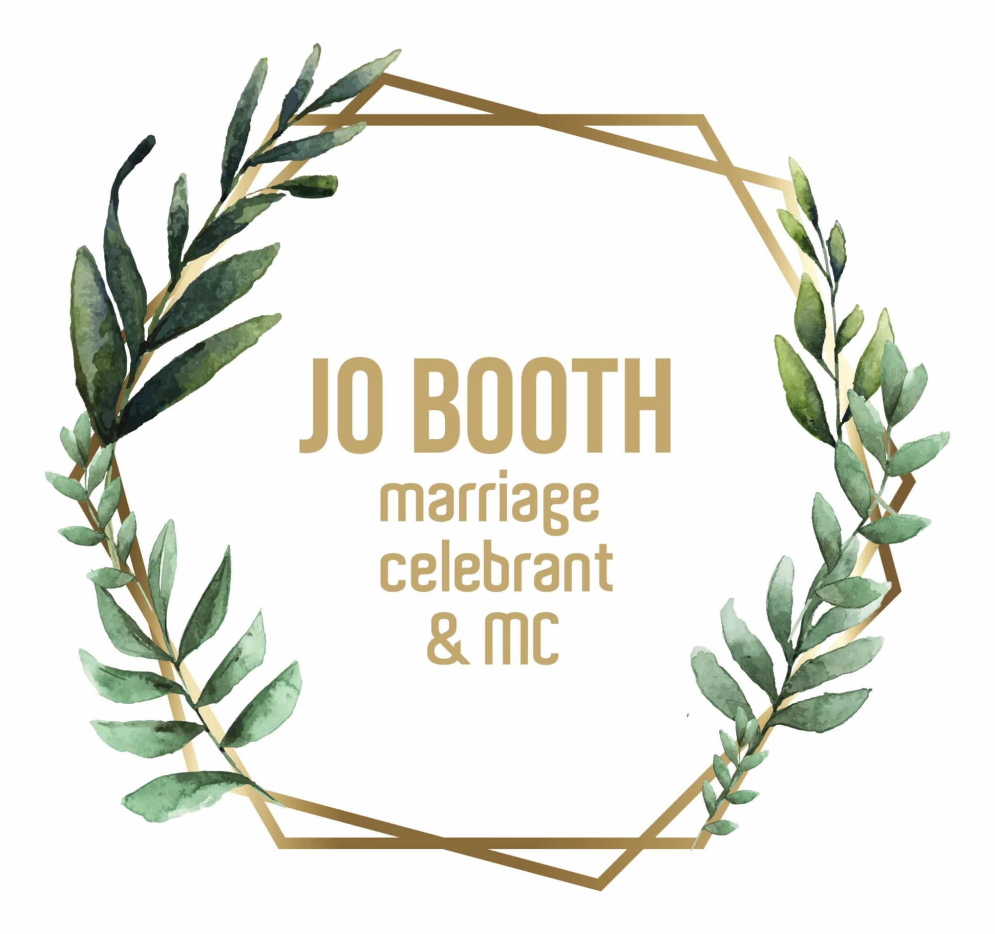 Logo for a marriage celebrant and MC framed by a geometric gold wreath with watercolor greenery.