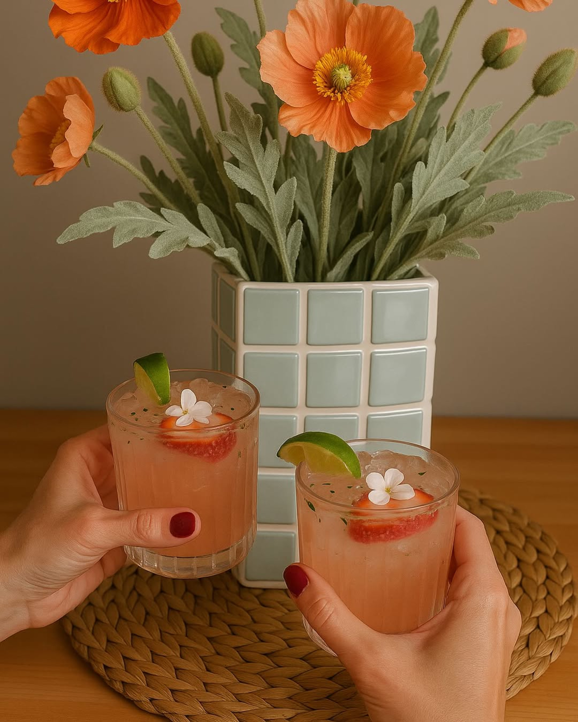 Two hands hold pink cocktails with lime and flowers in front of a vase of orange poppies on a woven placemat.