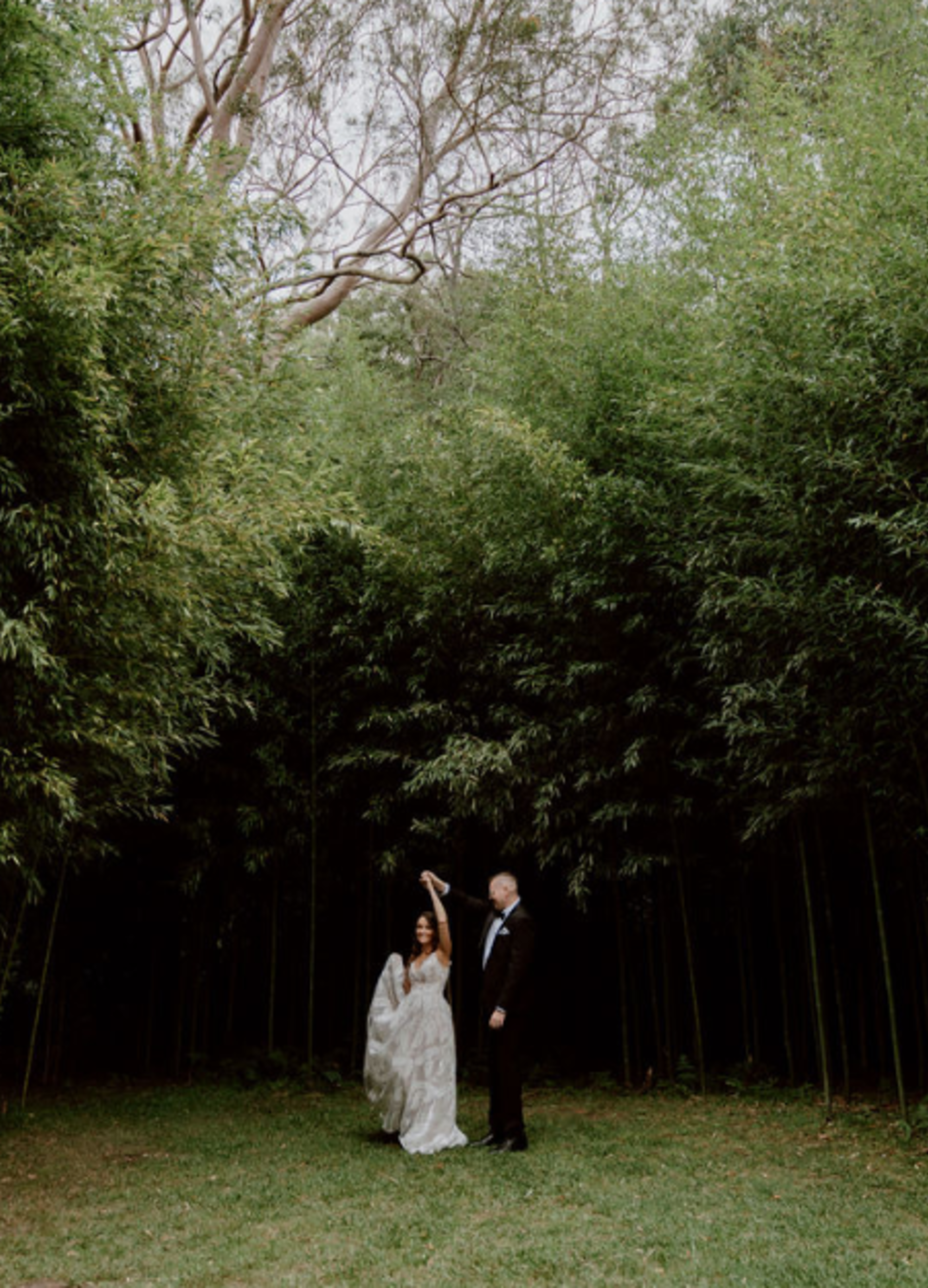 A wedding couple dances together in a lush bamboo grove surrounded by tall greenery.