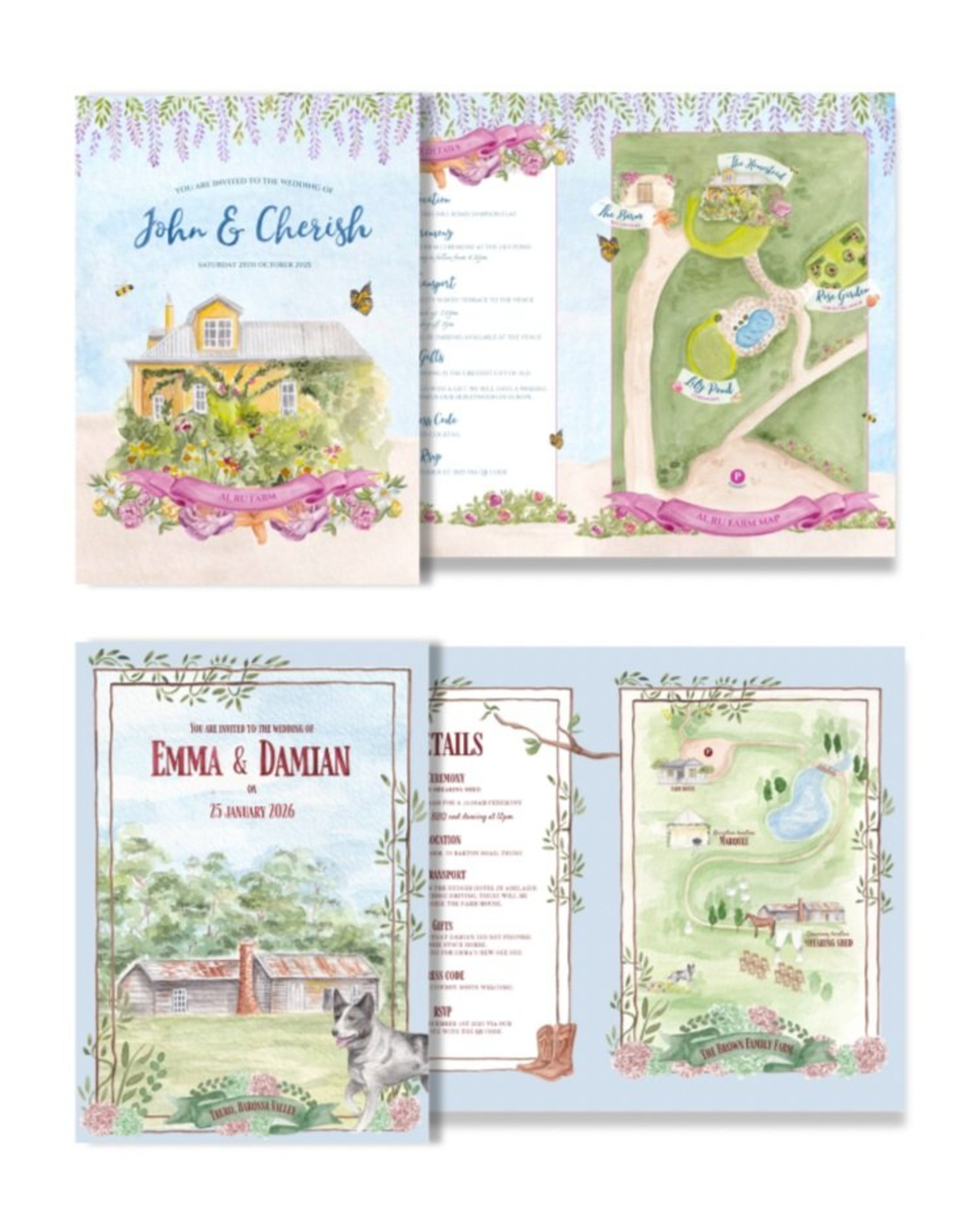 Rustic watercolor wedding invitations and illustrated venue maps laid out in a flat display.