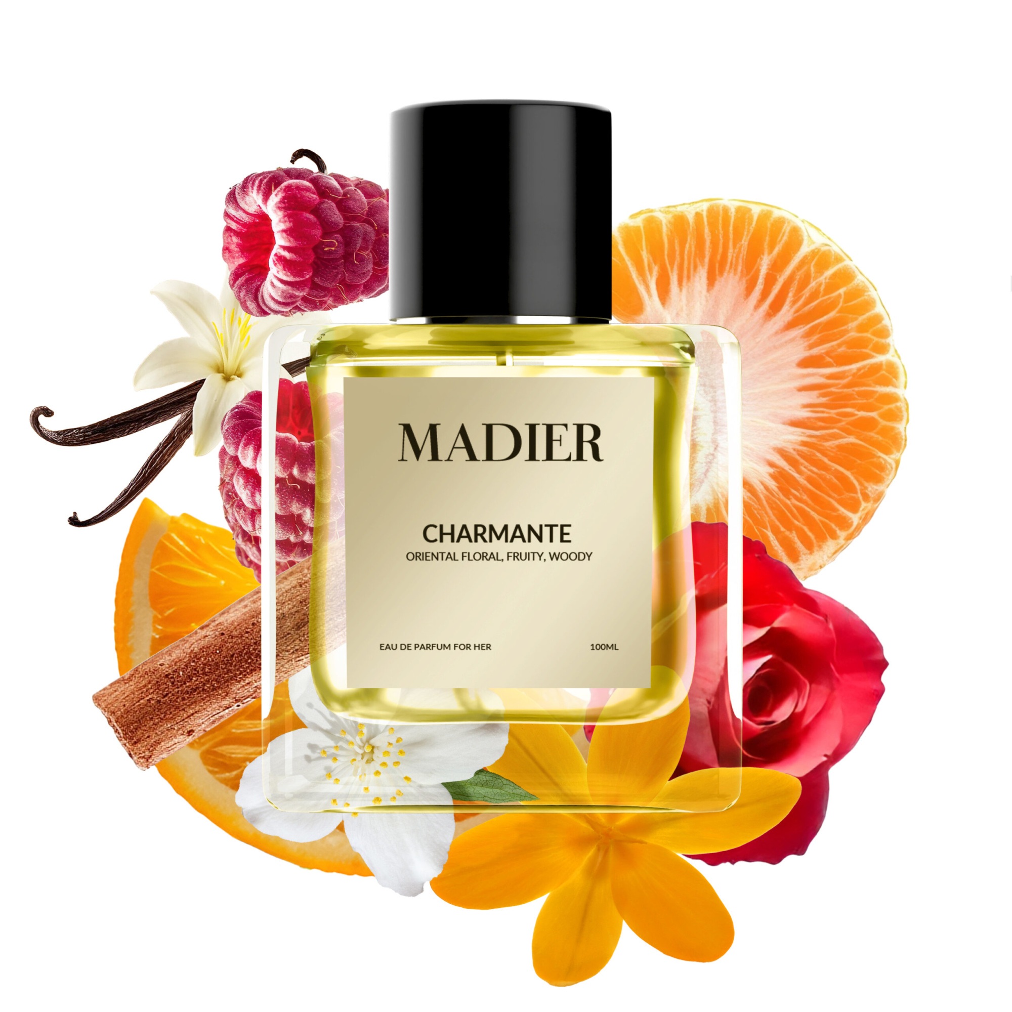 Luxurious Madier Charmante perfume bottle surrounded by colorful fruits, flowers, and spices.